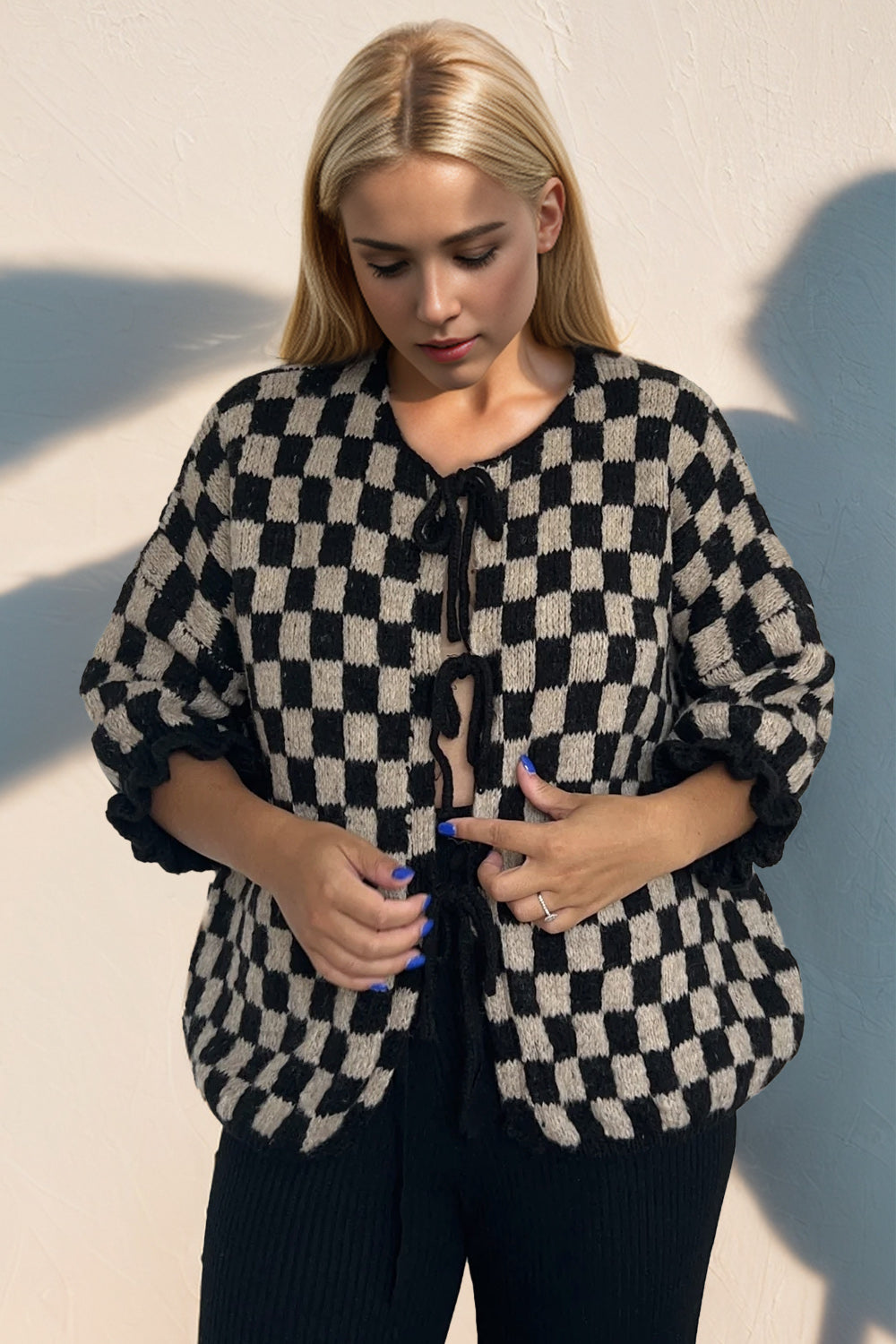 Checkered Flounce Sleeve Cardigan