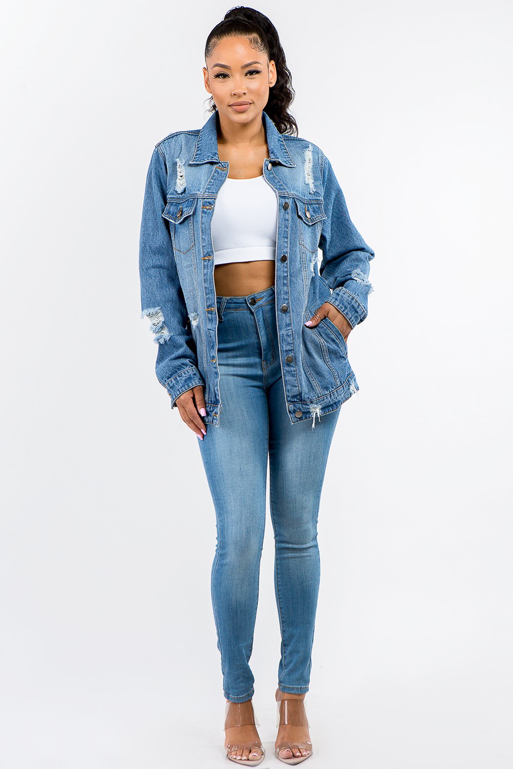 American Bazi Button Up Distressed Denim Jacket