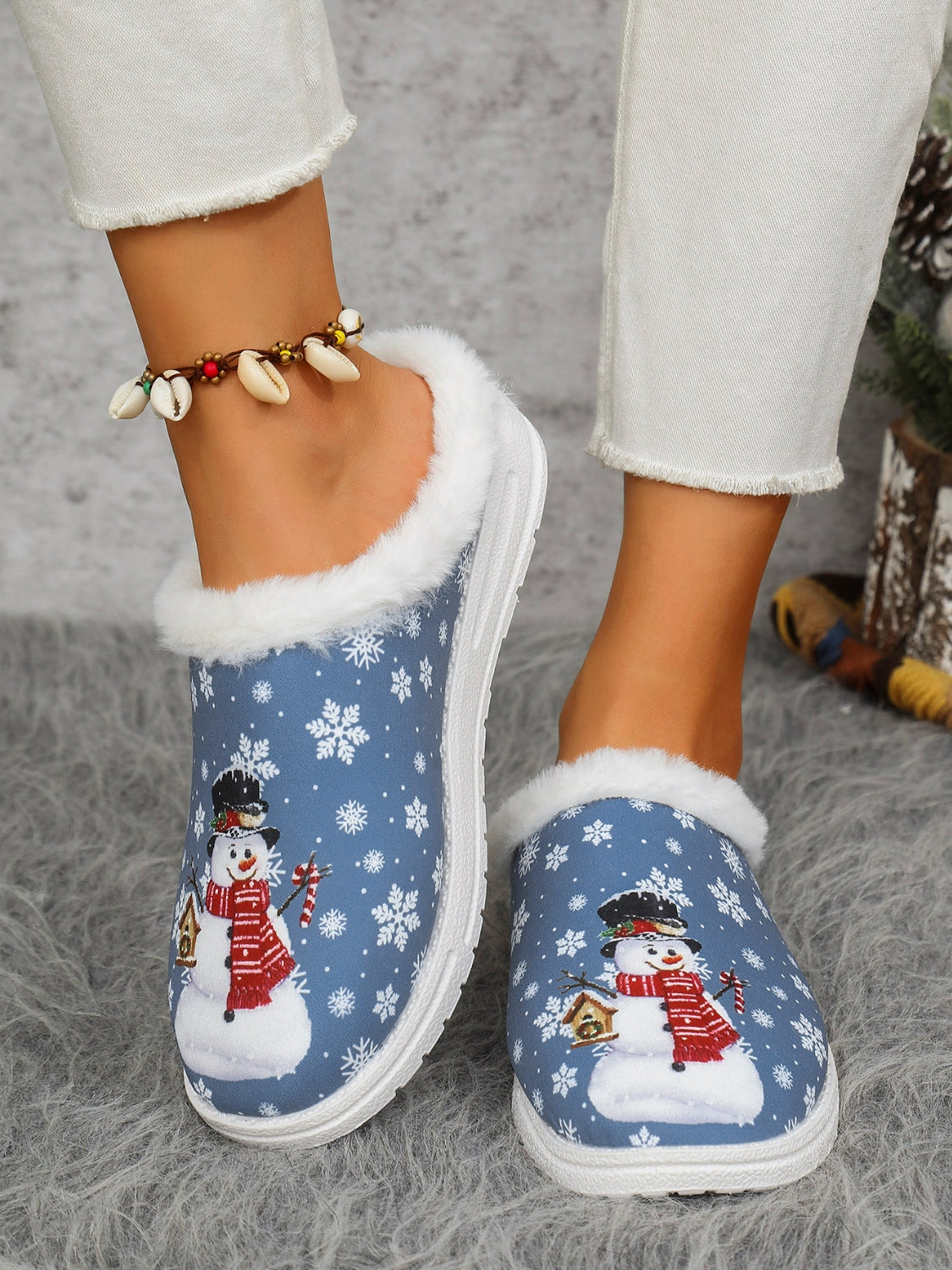 Snowman Slippers with Faux Fur