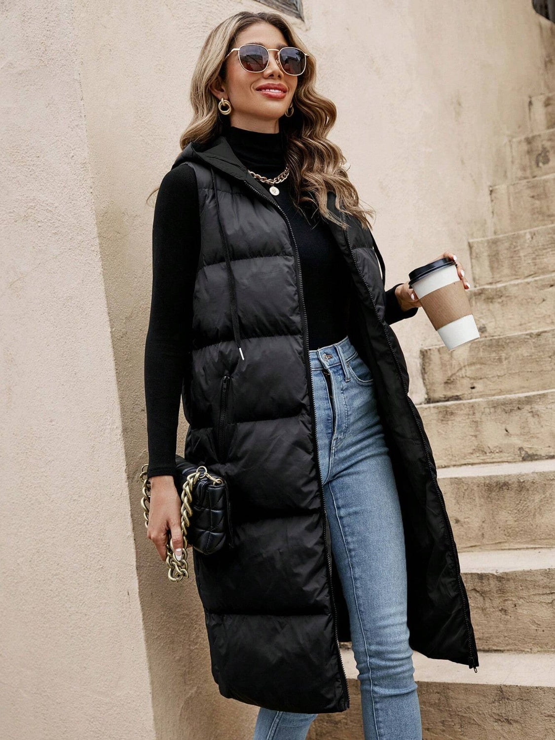 Puffy Drawstring Zip Up Hooded Vest Coat