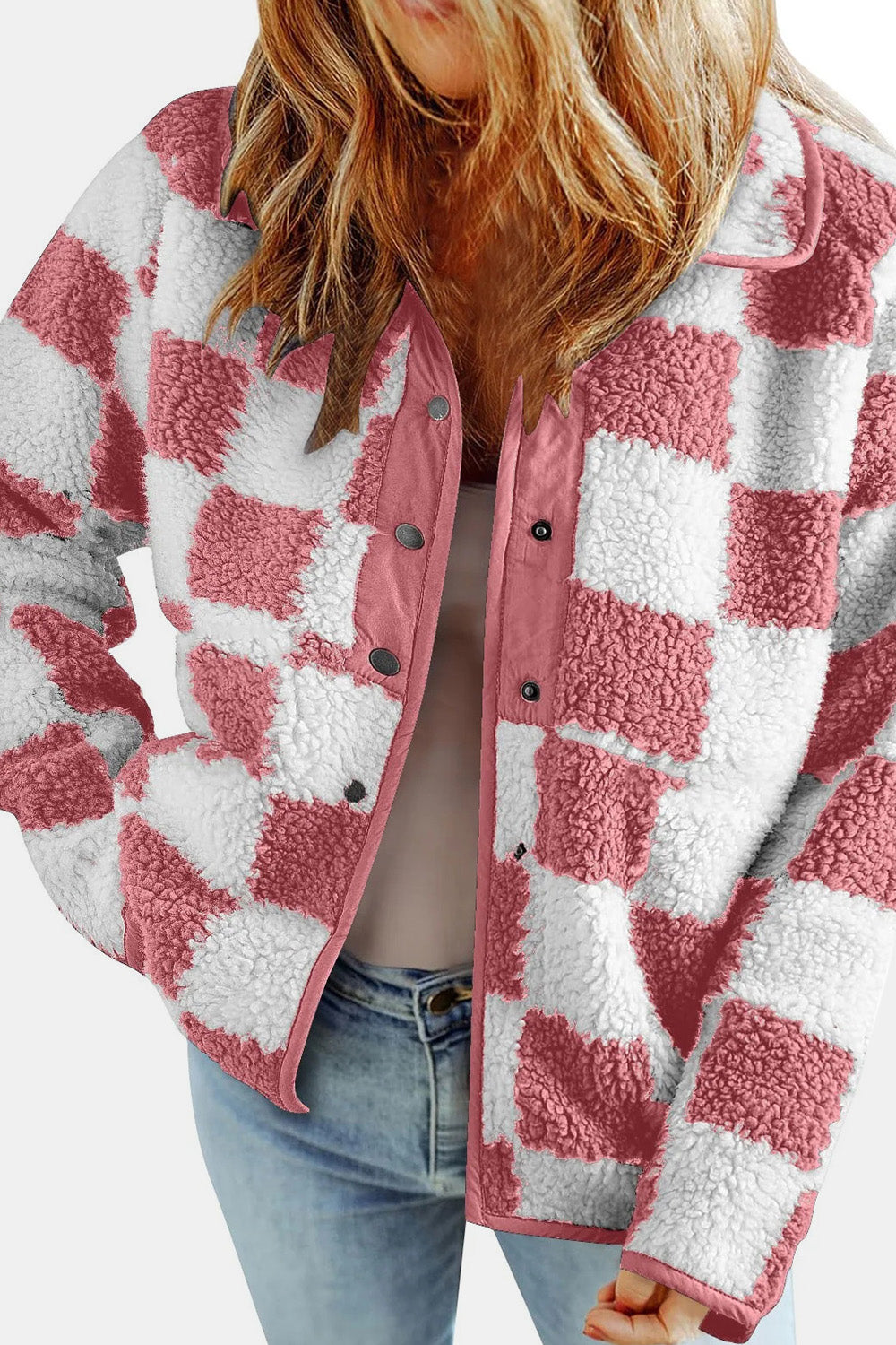 Checkered Snap Down Teddy Jacket