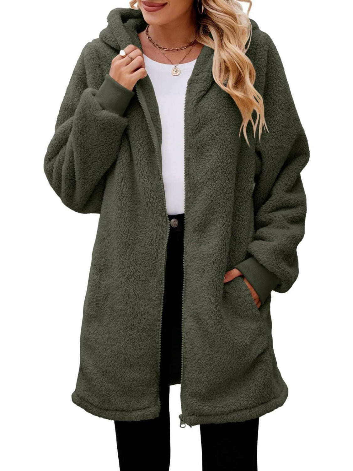 Fuzzy Pocketed Zip Up Hooded Jacket