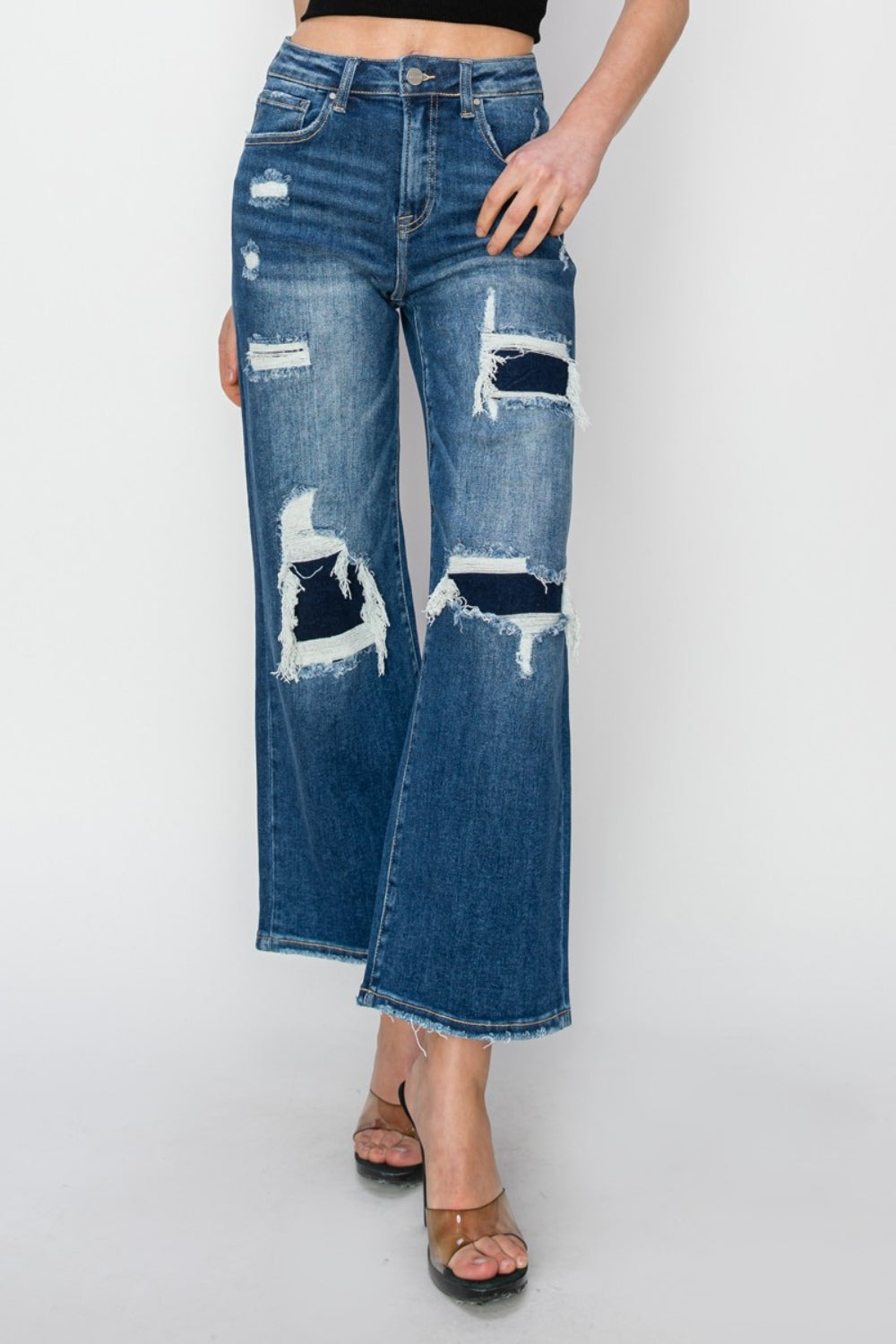 Risen High Rise Patch Wide Leg Crop Jeans