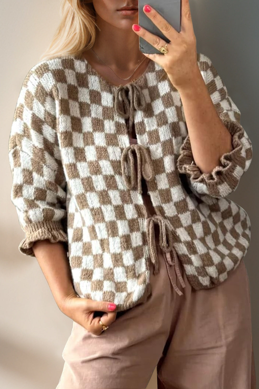 Checkered Flounce Sleeve Cardigan