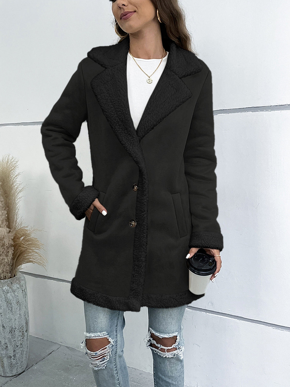 Sherpa Lapel Collar Buttoned Coat