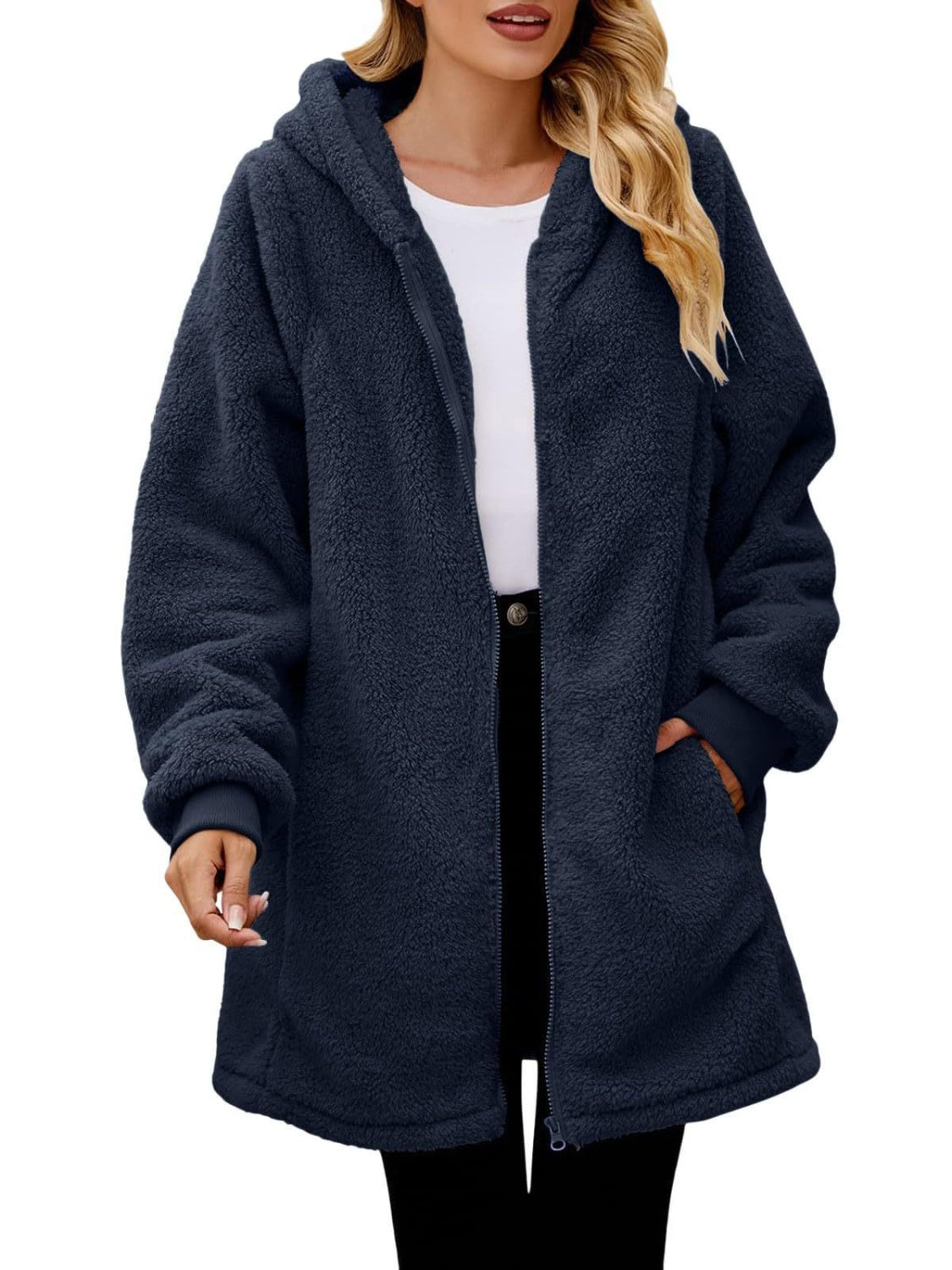 Fuzzy Pocketed Zip Up Hooded Jacket