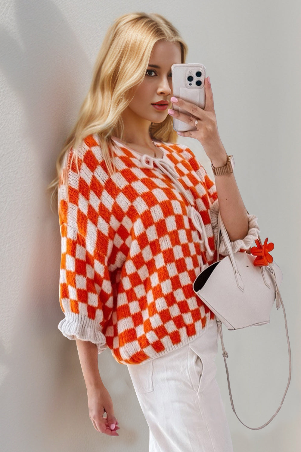 Checkered Flounce Sleeve Cardigan