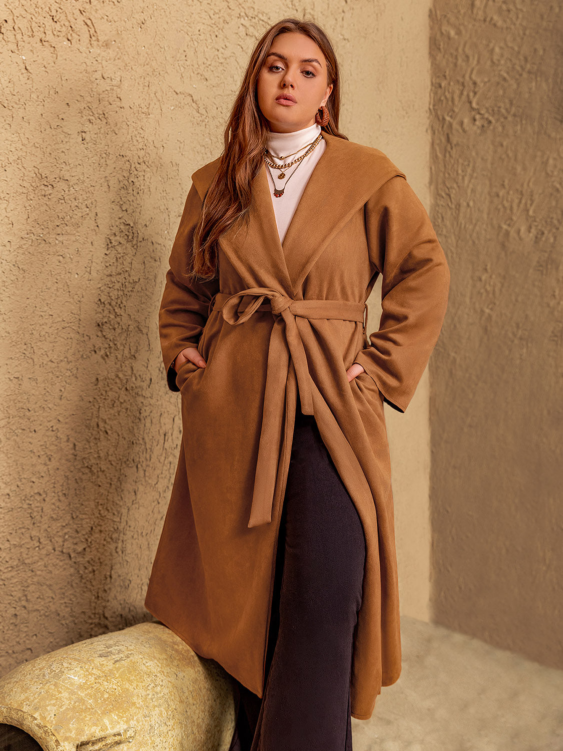 Plus Size Tied Hooded Coat with Pockets