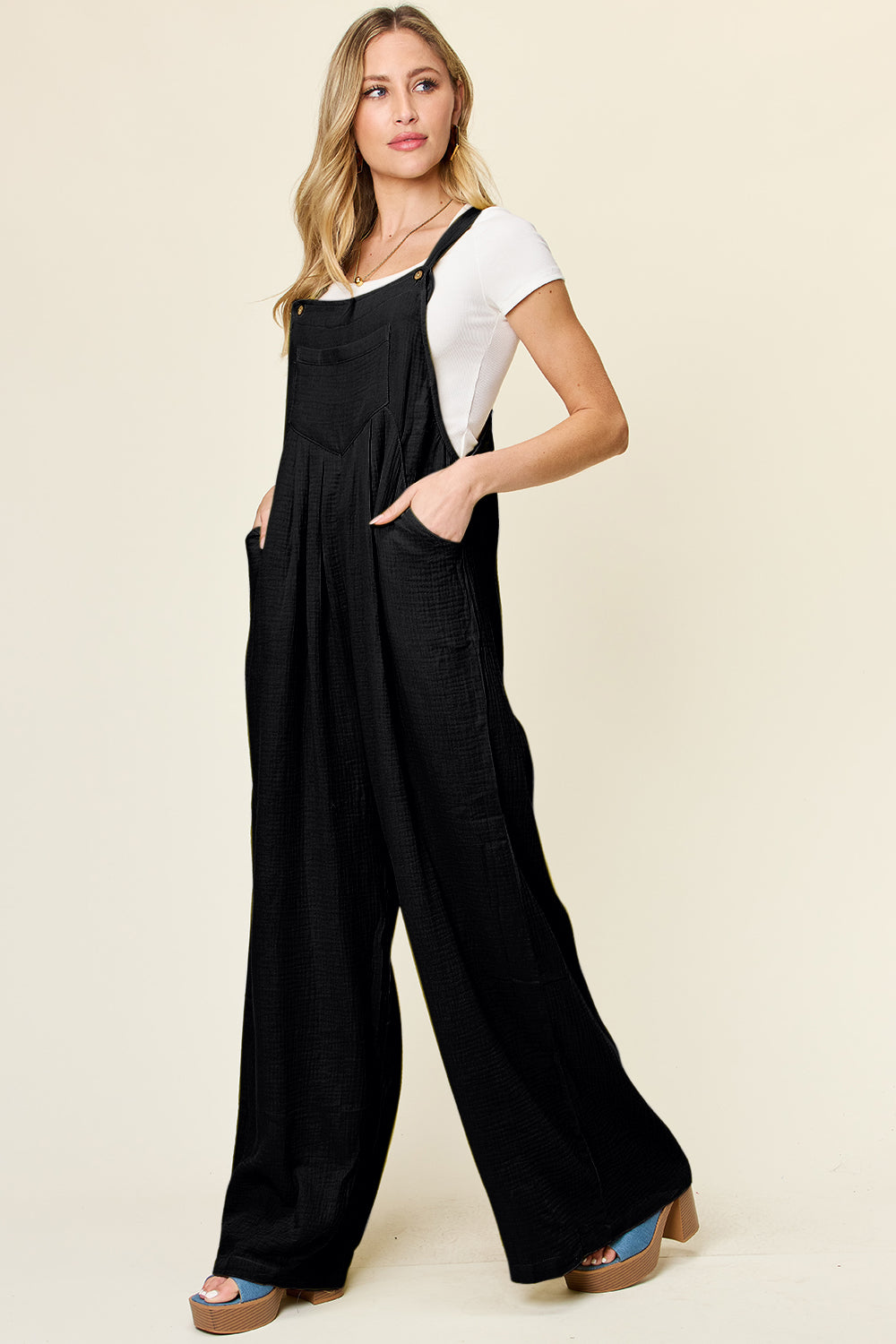 Textured Black Overalls with Wide Leg