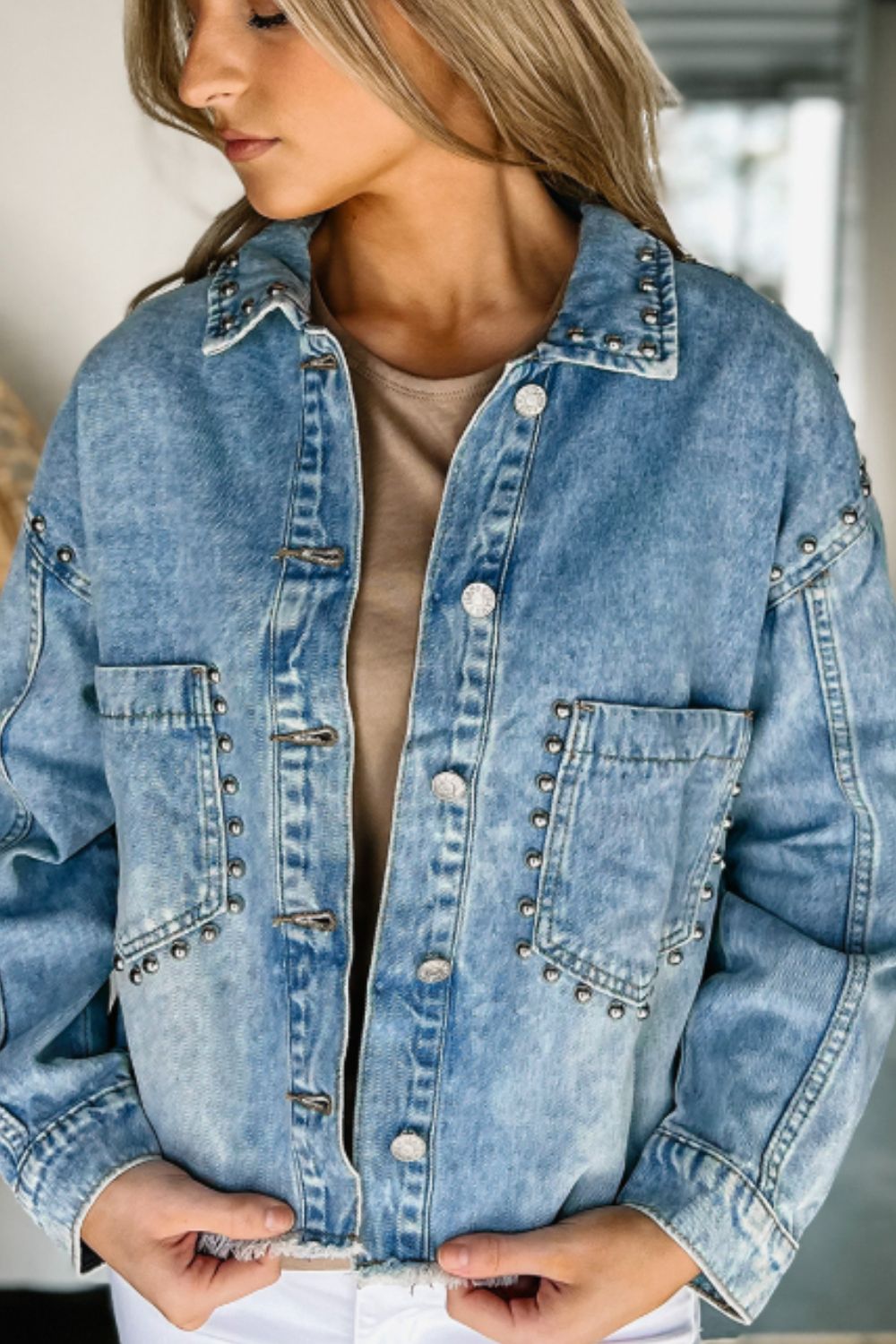 Studded Acid Wash Denim Jacket