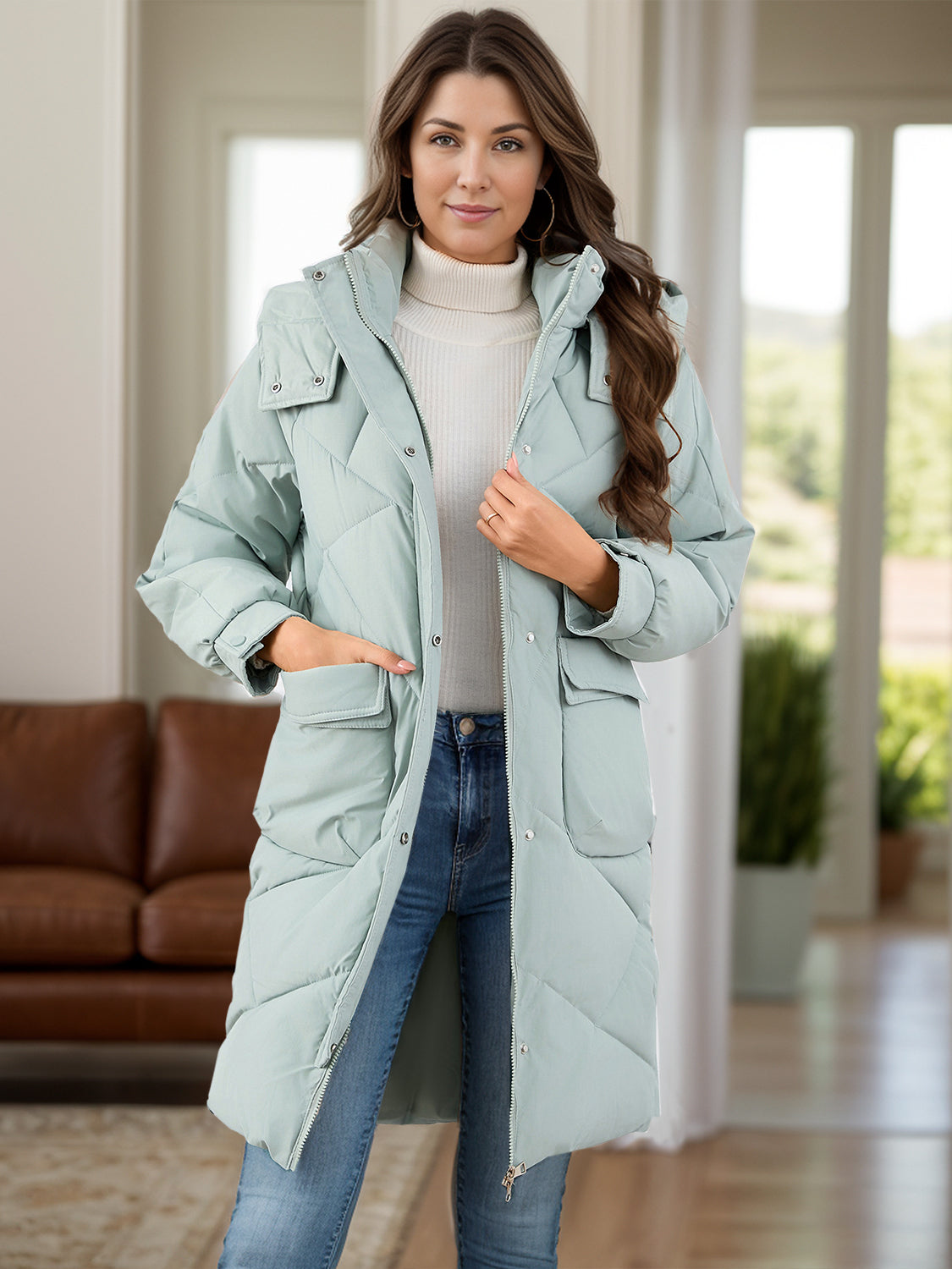 Long Line Hooded Winter Coat with Pockets