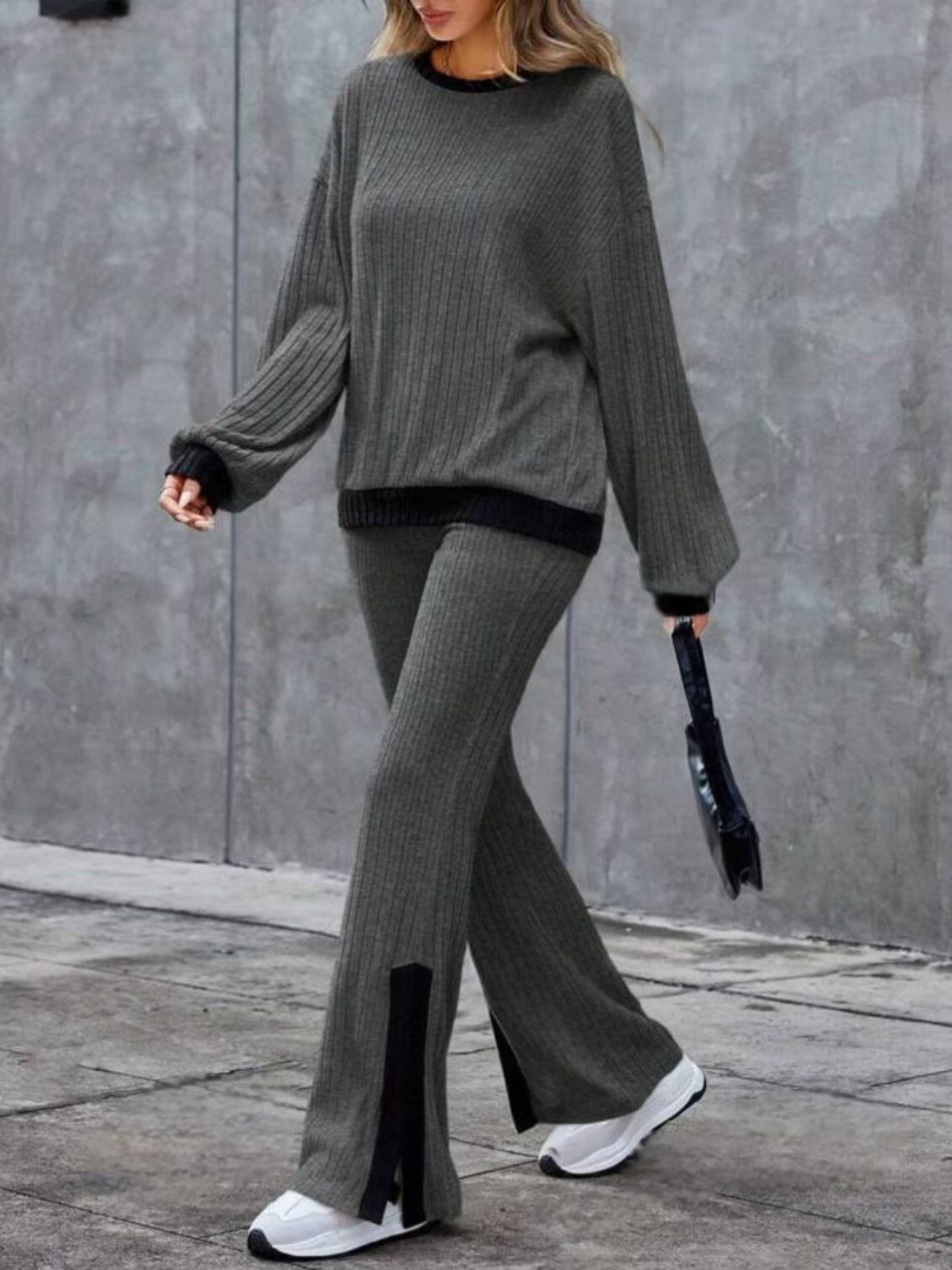 Contrast Long Sleeve Top and Bootcut Pants Set