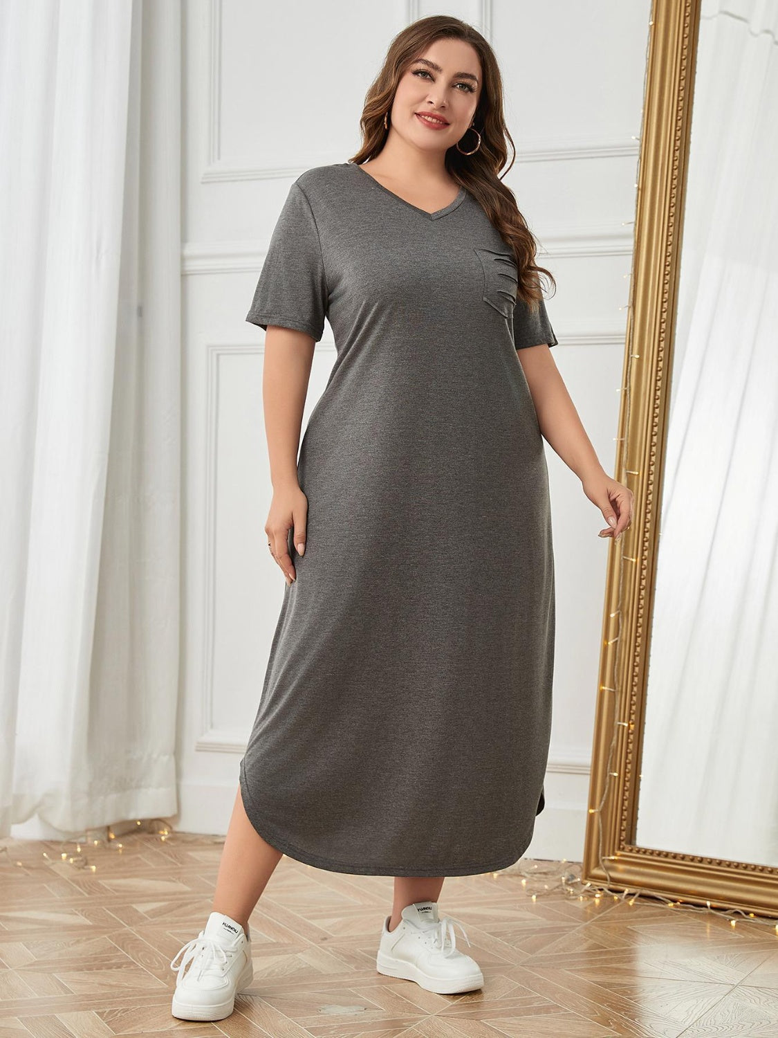 Plus Size Pocketed V-Neck Lounge Dress