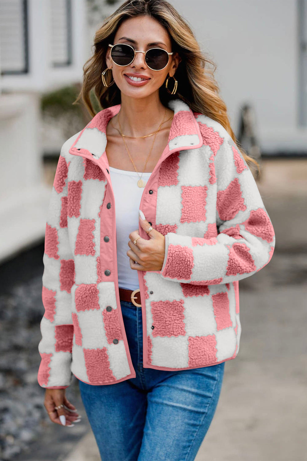 Checkered Snap Down Teddy Jacket