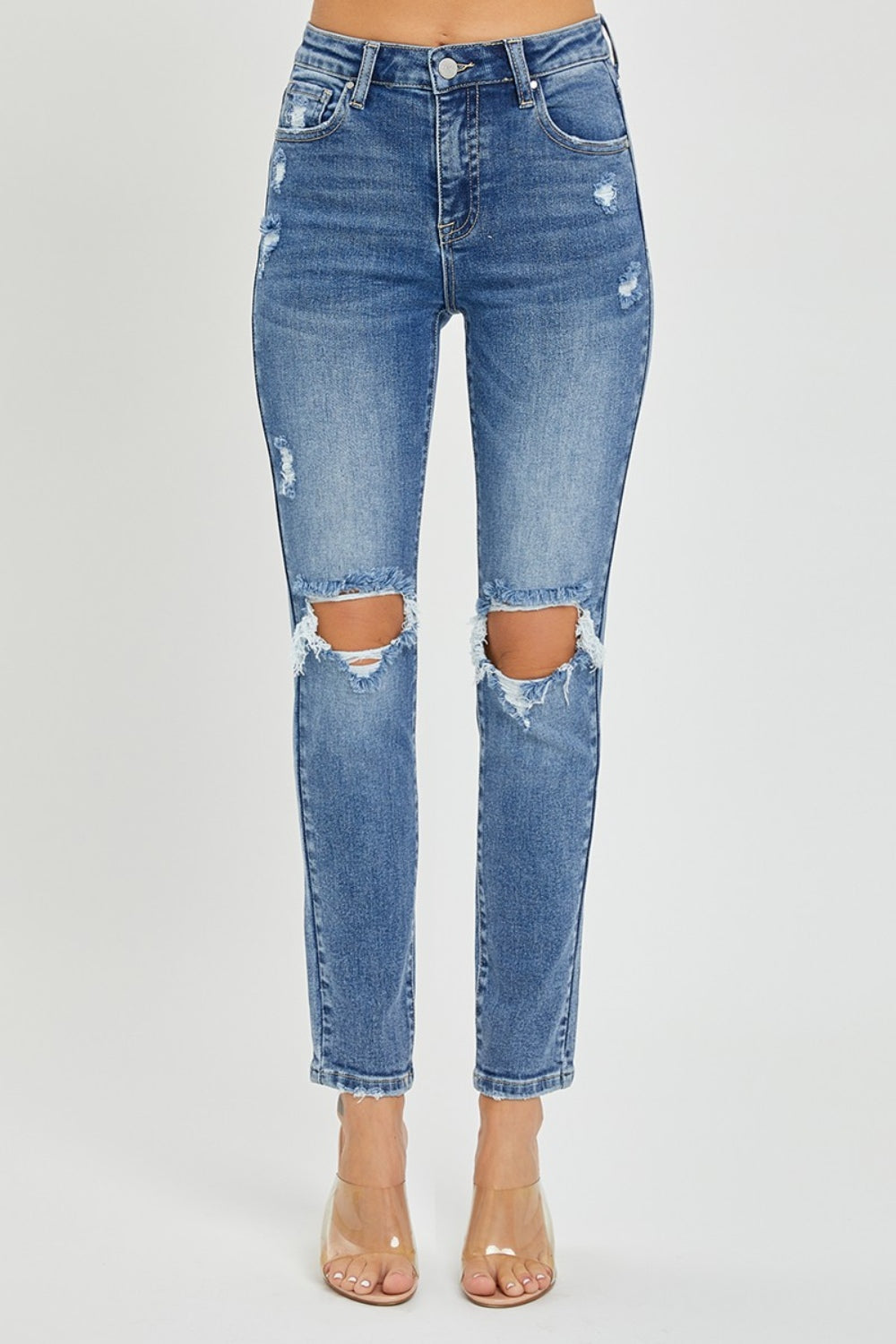 Risen High Rise Knee Distressed Skinny Jeans