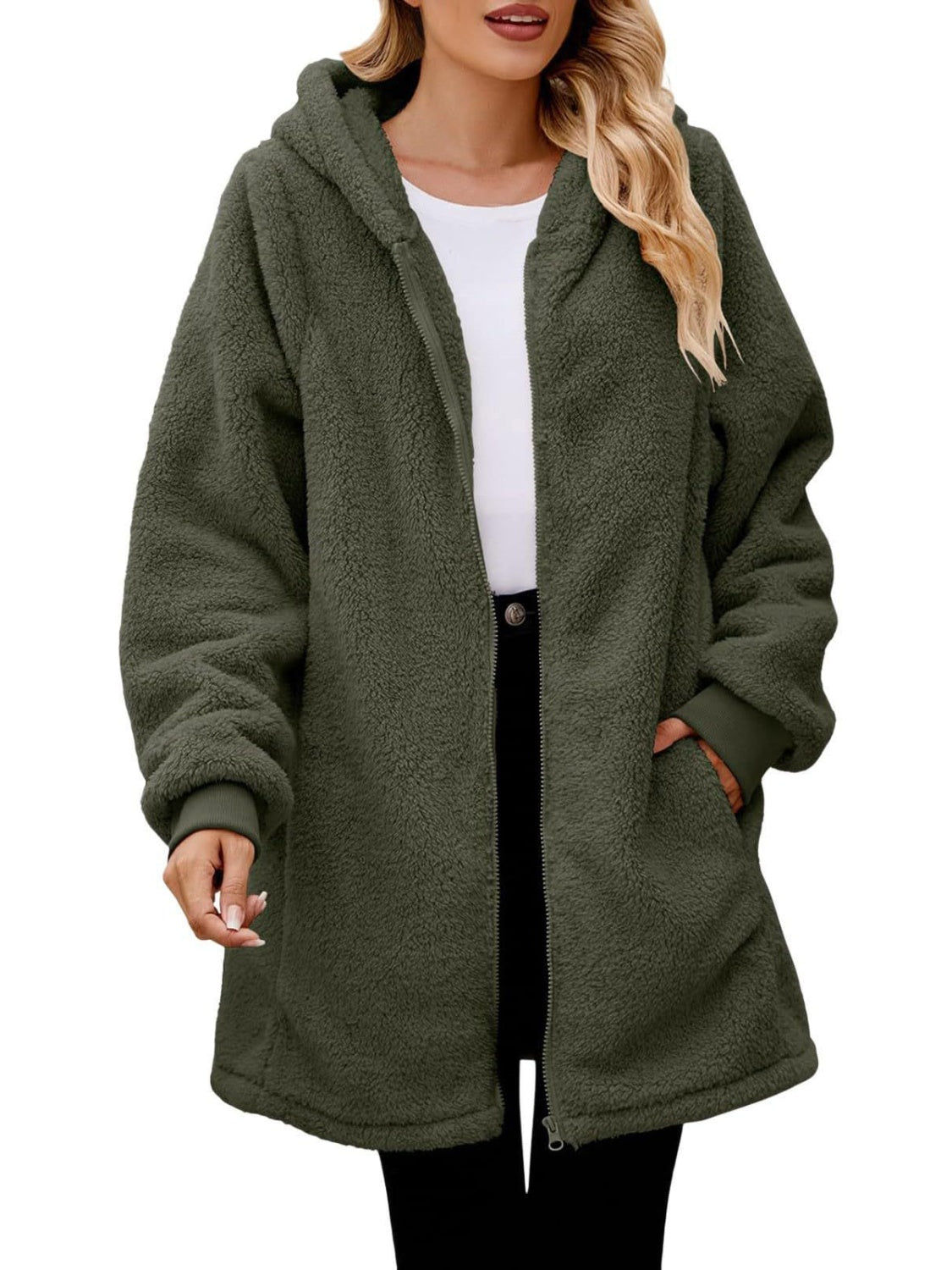 Fuzzy Pocketed Zip Up Hooded Jacket