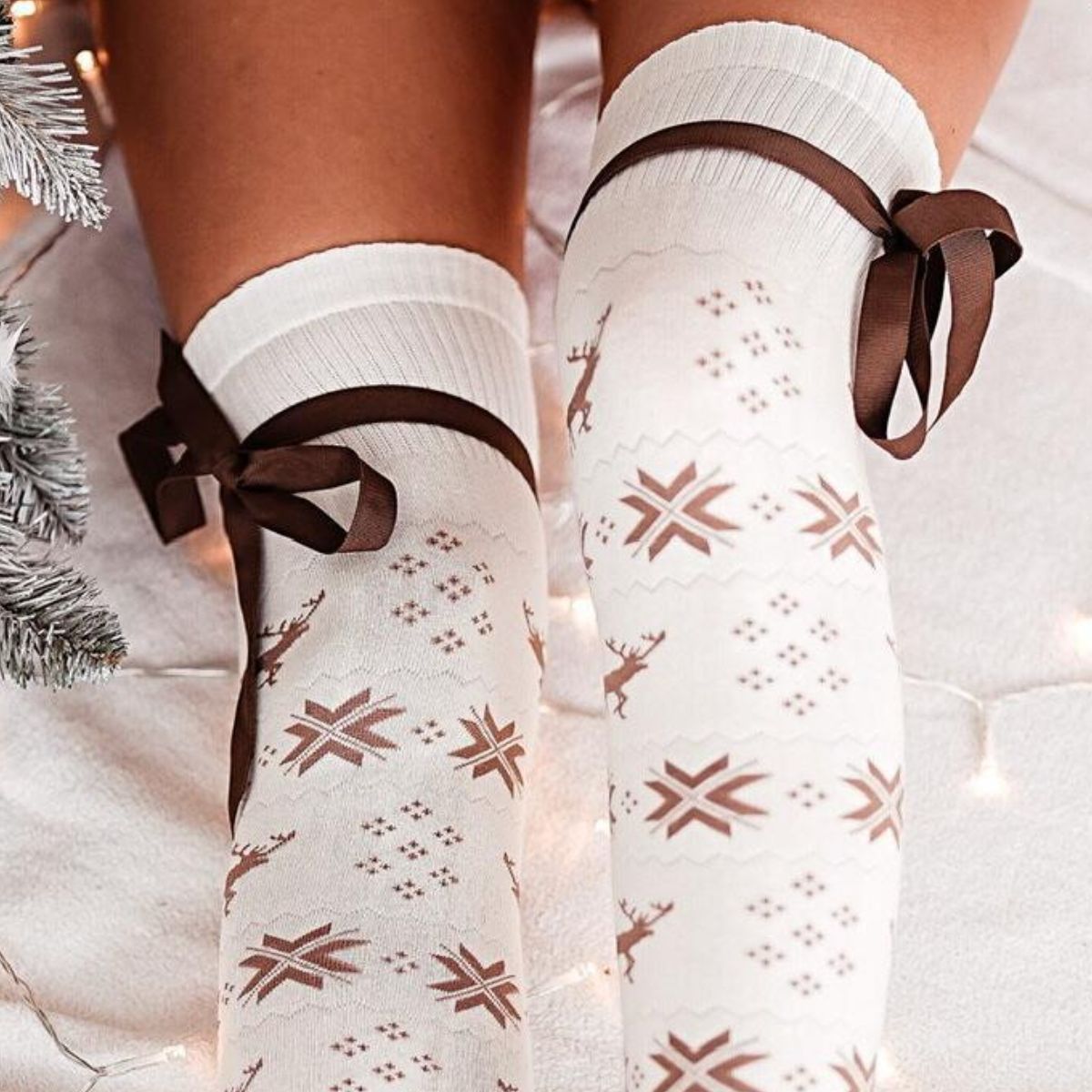 Christmas Bowknot Ribbed Trim Over Knee Stockings