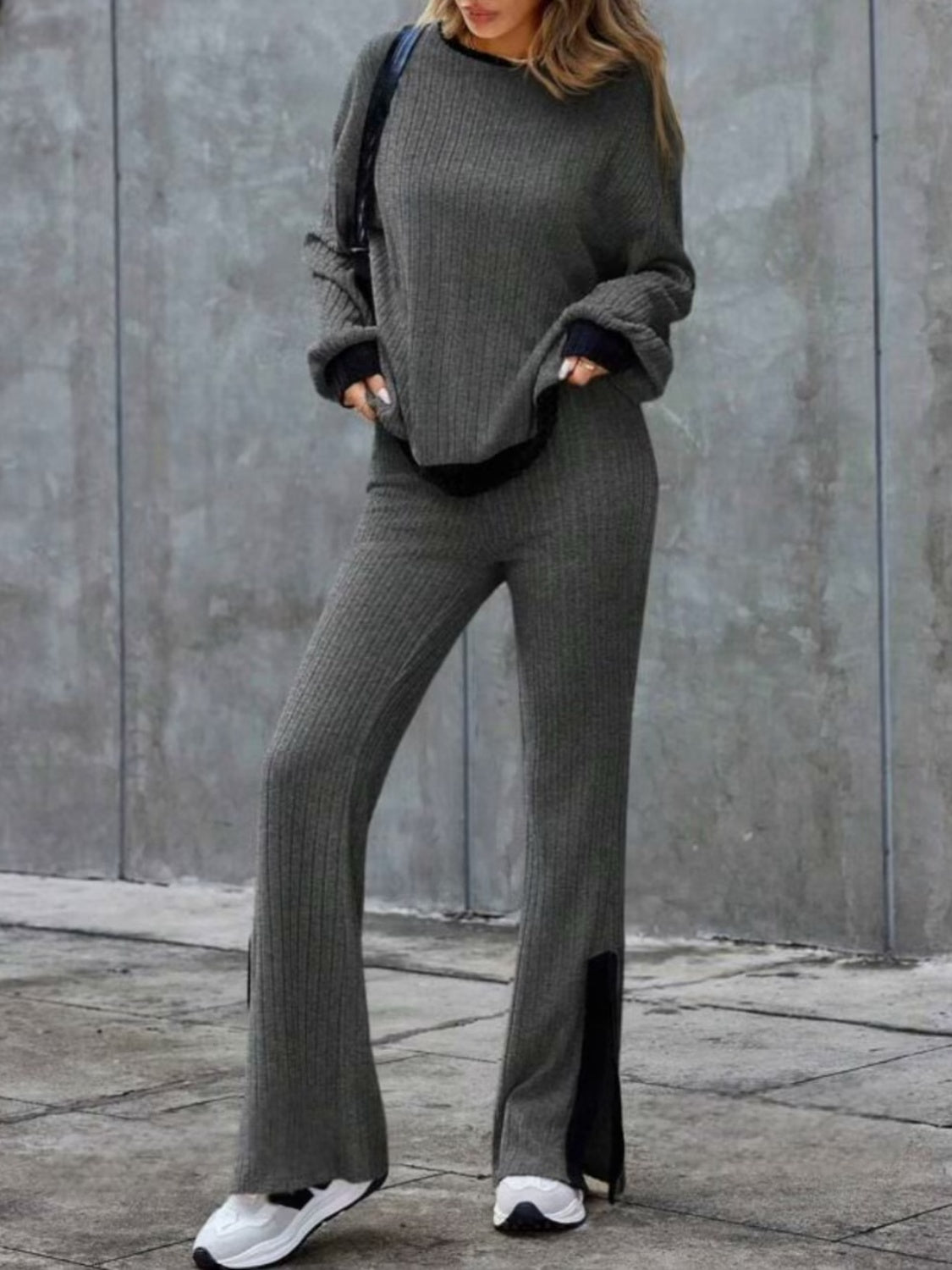 Contrast Long Sleeve Top and Bootcut Pants Set