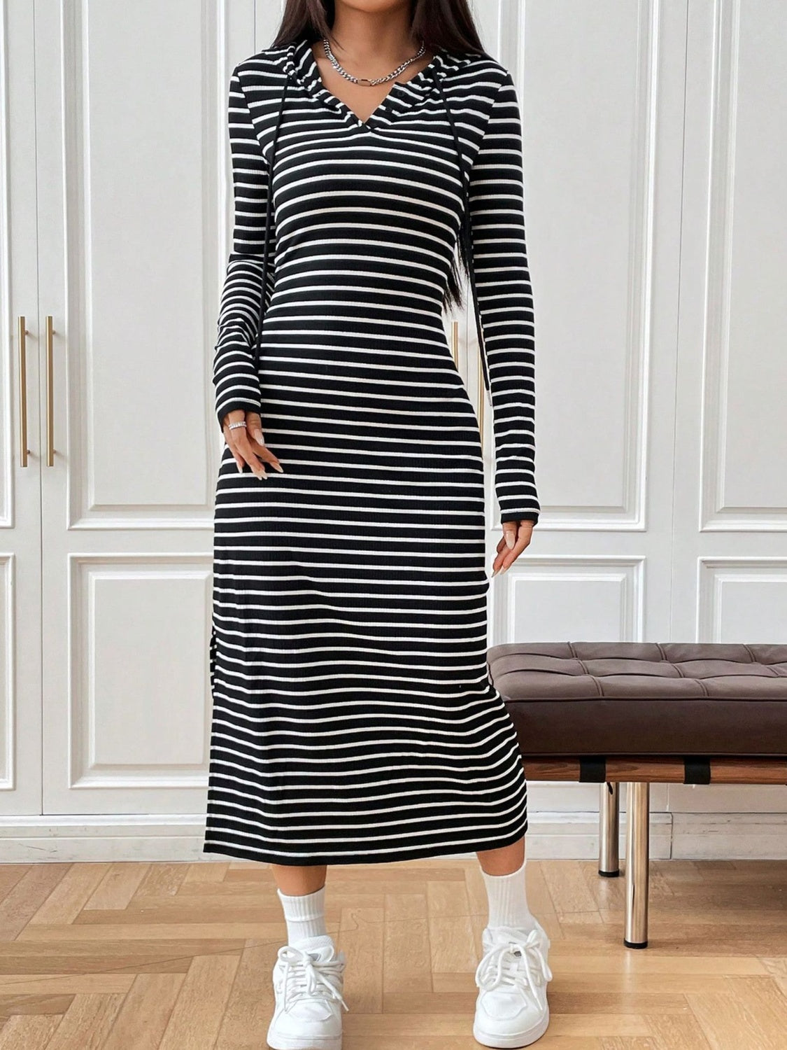 Loving the Striped Long Sleeve Hooded Dress