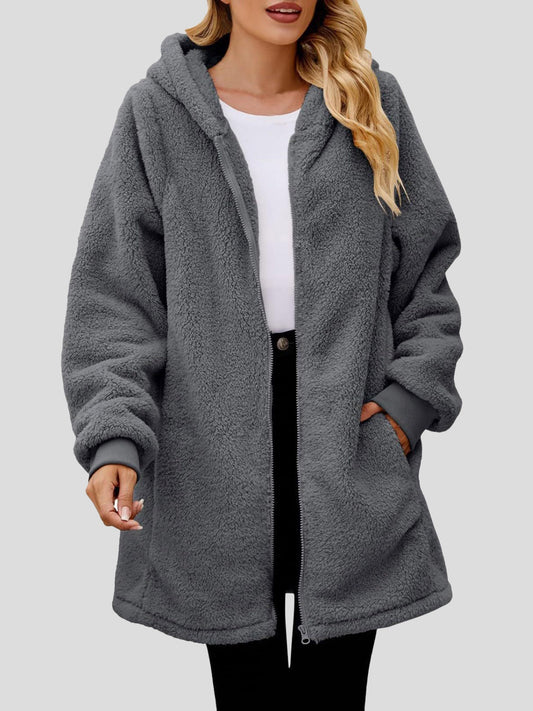 Fuzzy Pocketed Zip Up Hooded Jacket