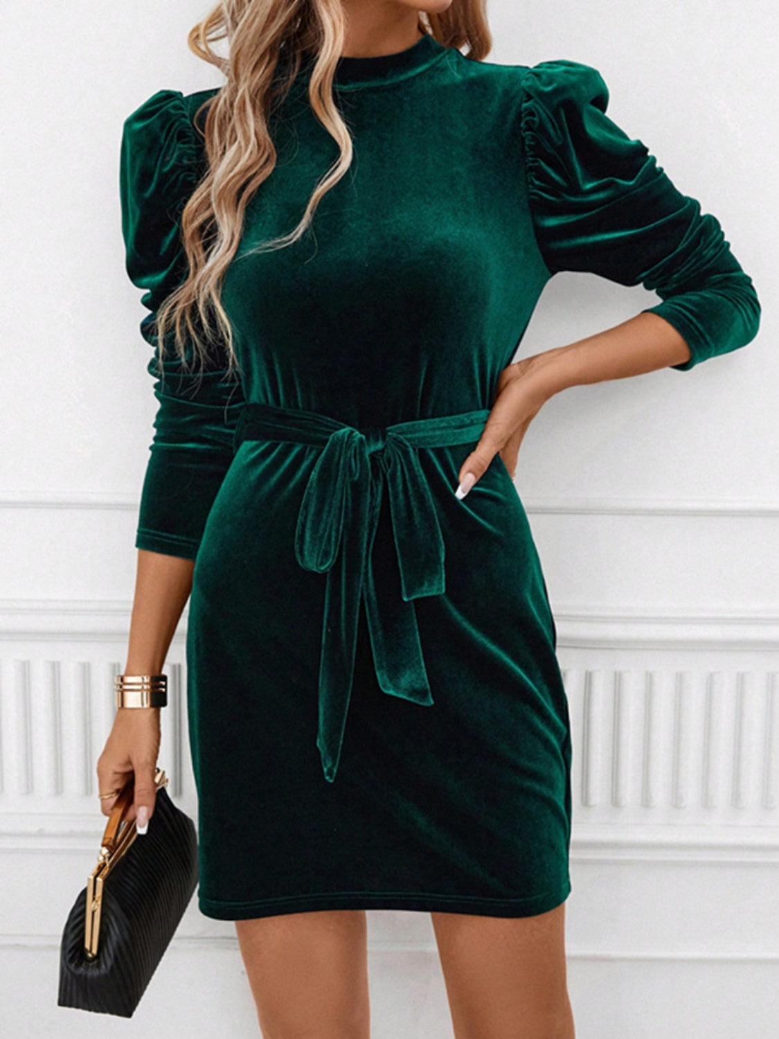 Emerald Puff Sleeve Tie Waist Mini Dress