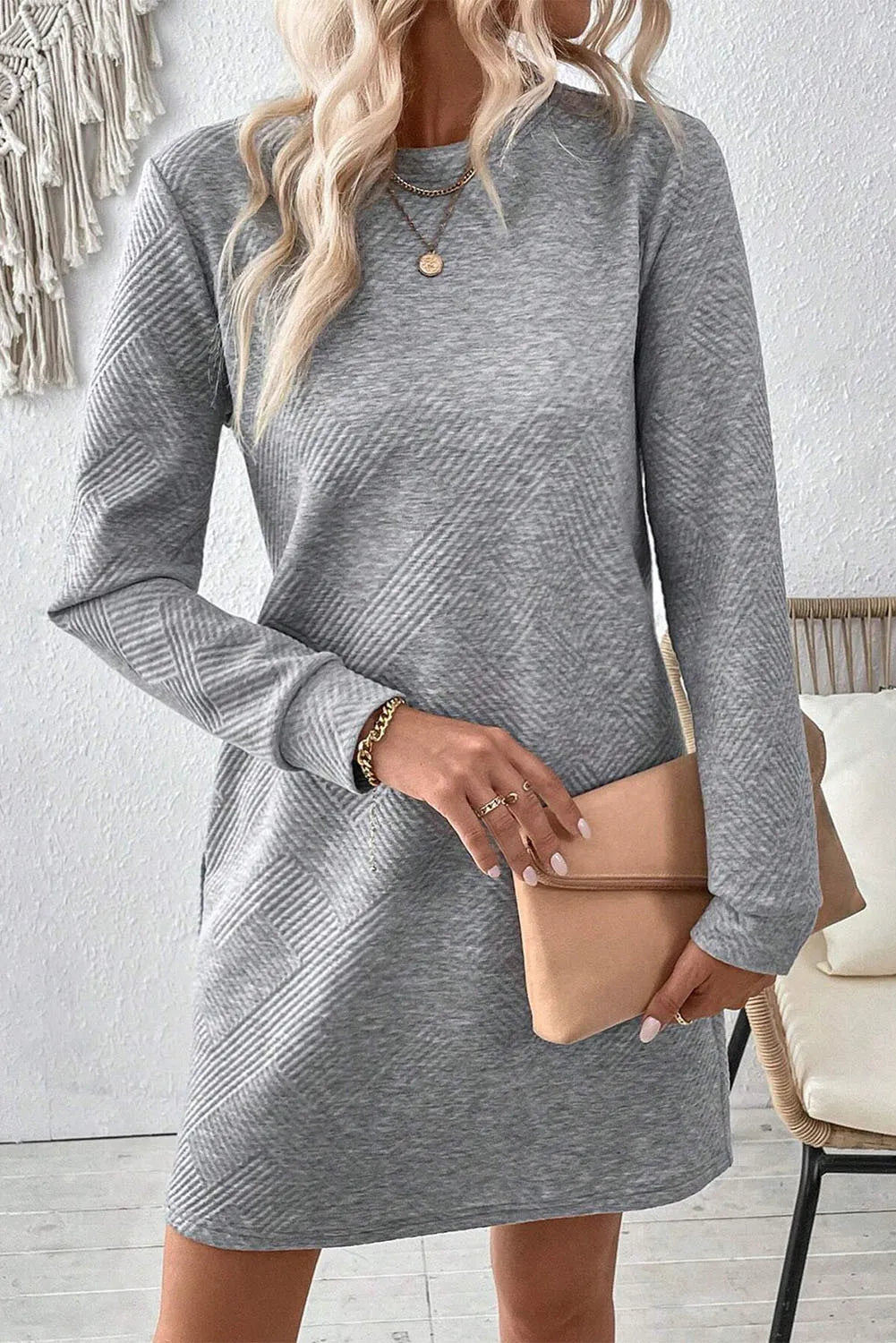 Textured Long Sleeve Mini Dress