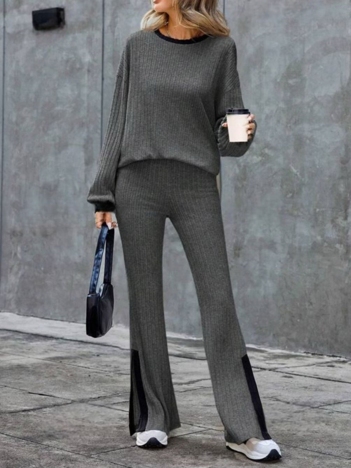 Contrast Long Sleeve Top and Bootcut Pants Set