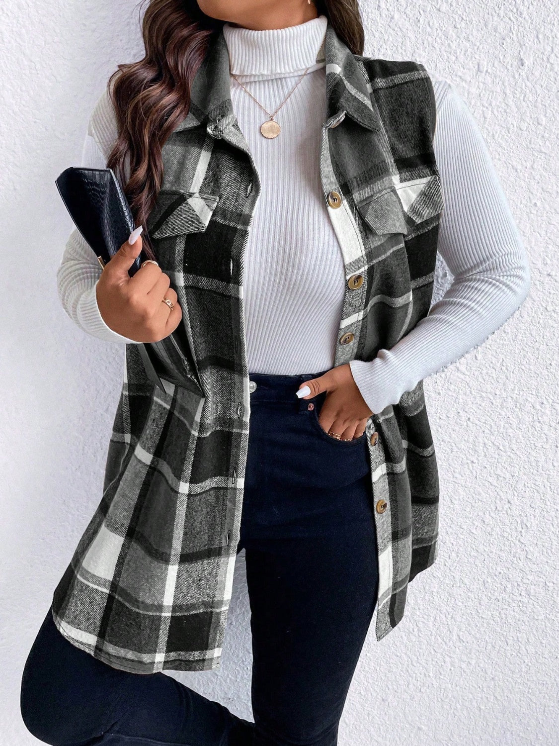 Plus Size Pocketed Plaid Button Up Vest Coat