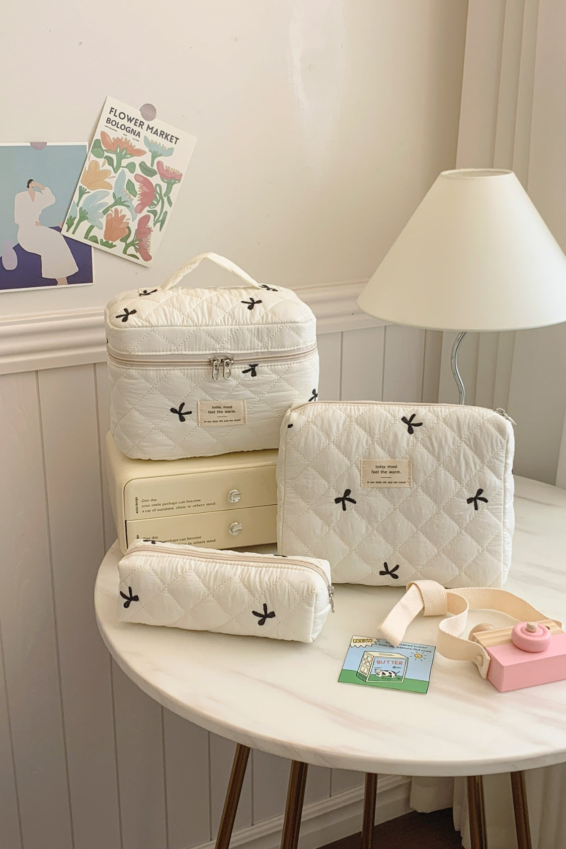 3 Piece Bow Quilted Storage Bag Set