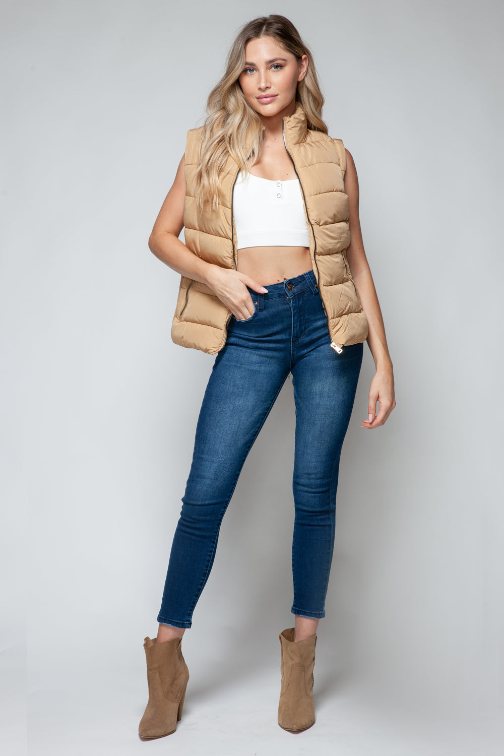 Tan Zip Up Turtleneck Vest with Pockets