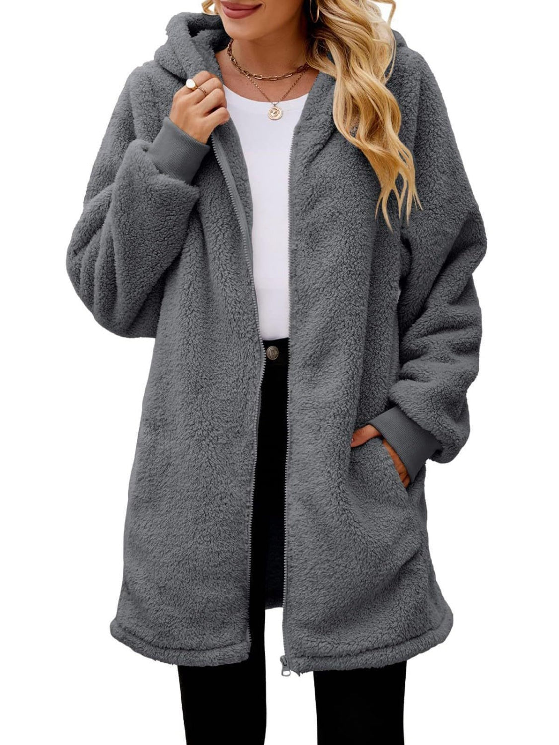 Fuzzy Pocketed Zip Up Hooded Jacket