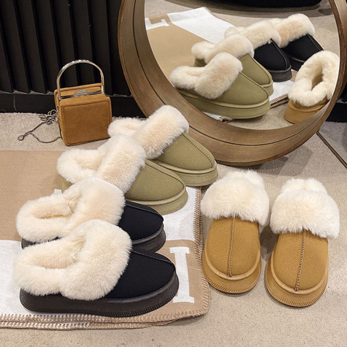 Suede Faux Fur Platform Slippers