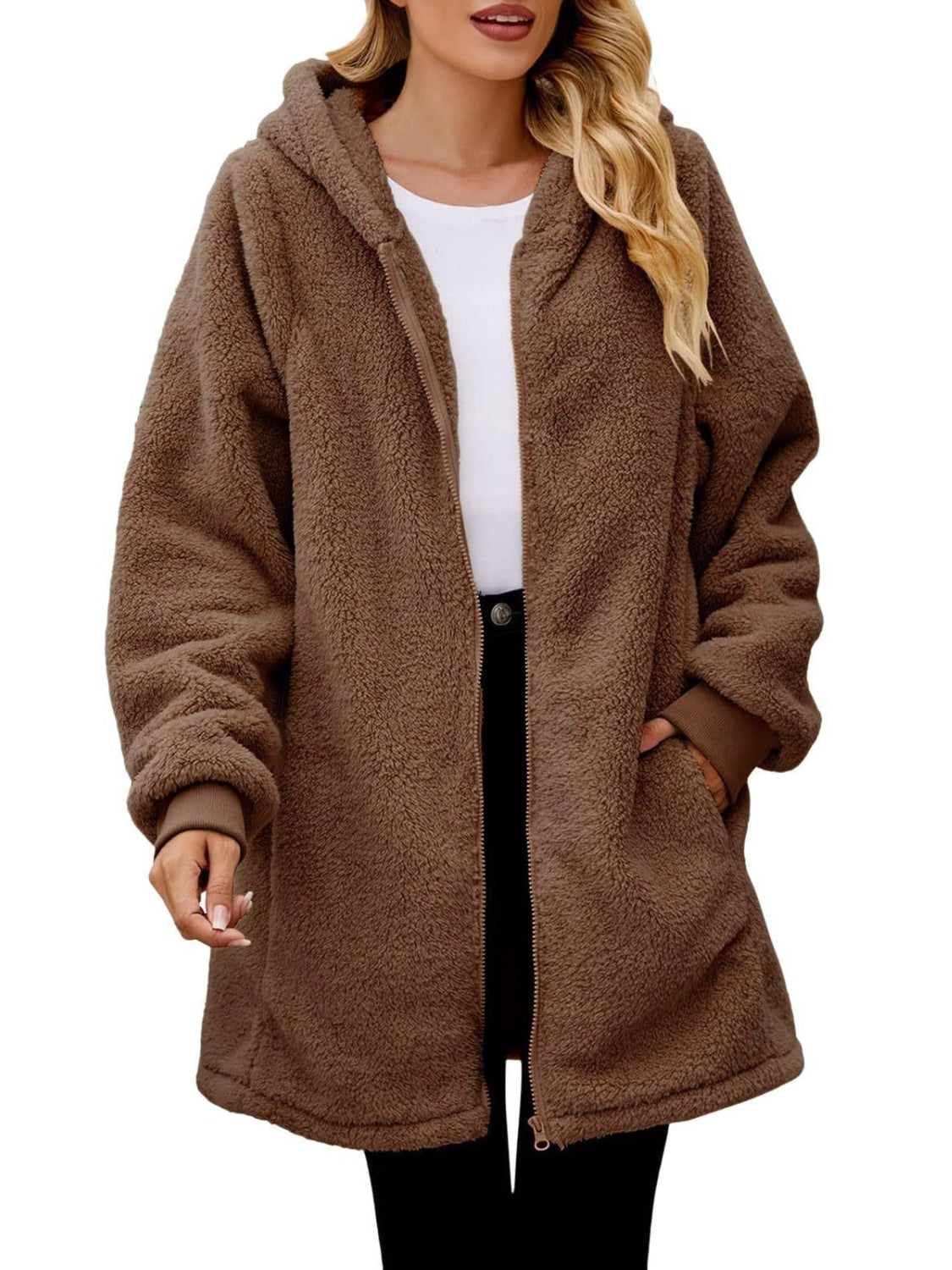 Fuzzy Pocketed Zip Up Hooded Jacket