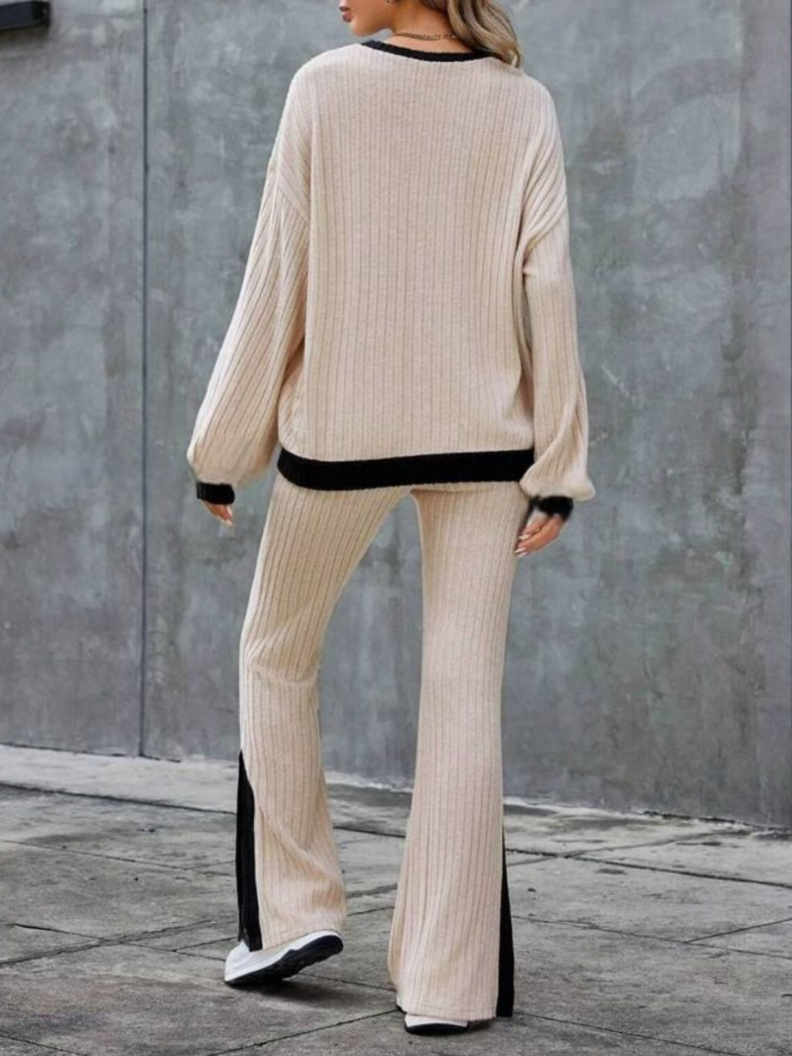 Contrast Long Sleeve Top and Bootcut Pants Set