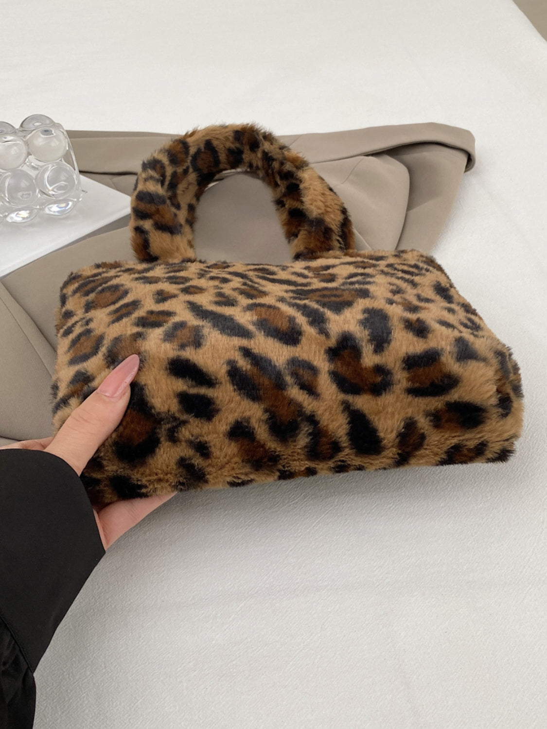 Leopard Fluff Handbag with Zipper