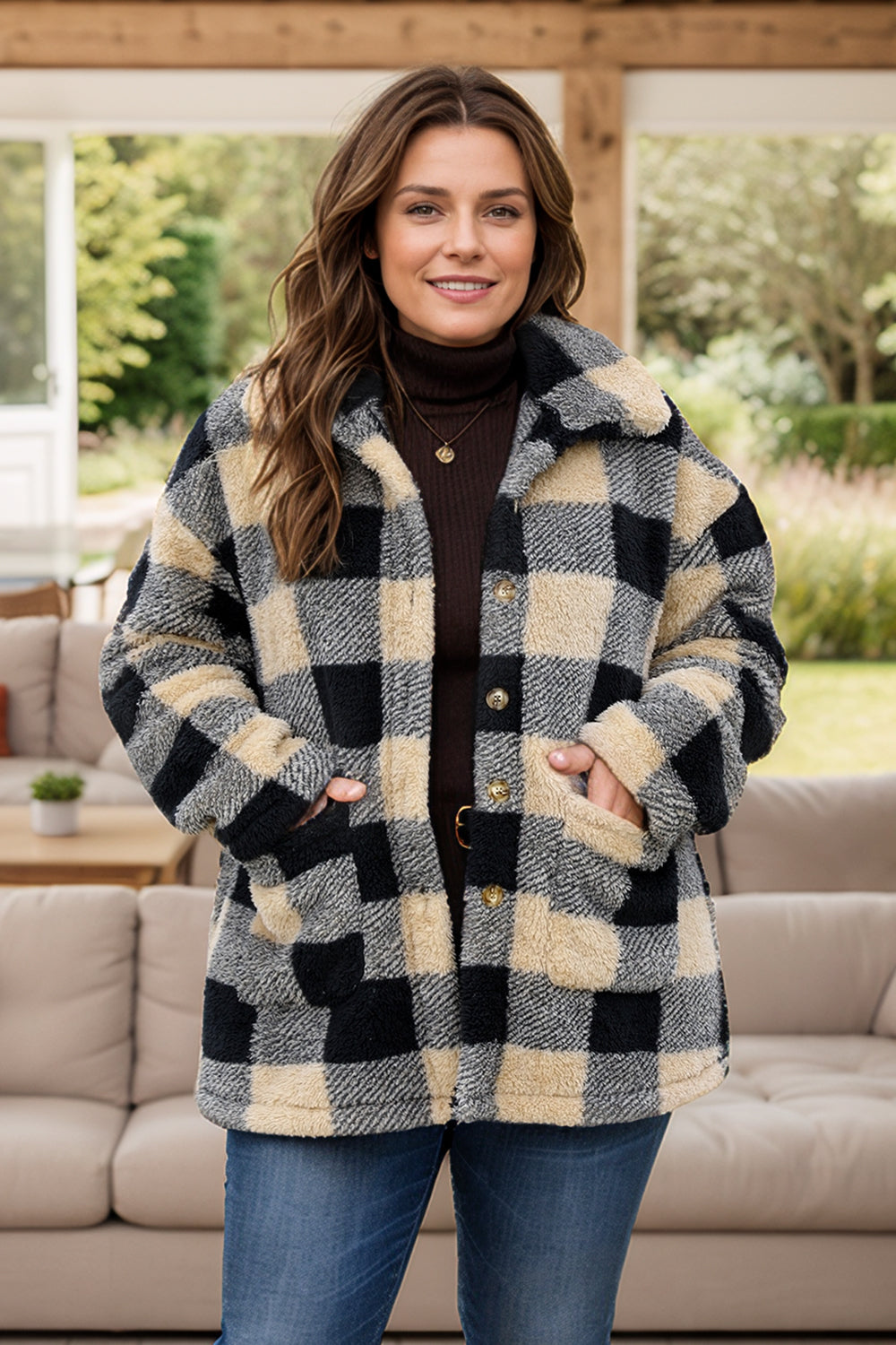 Plus Size Plaid Button Up Coat