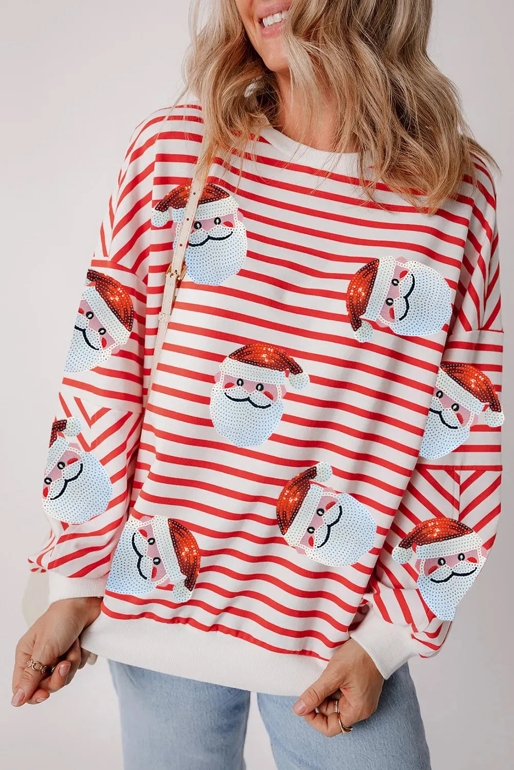 Candy Cane Striped Sequin Santa Long Sleeve Sweatshirt