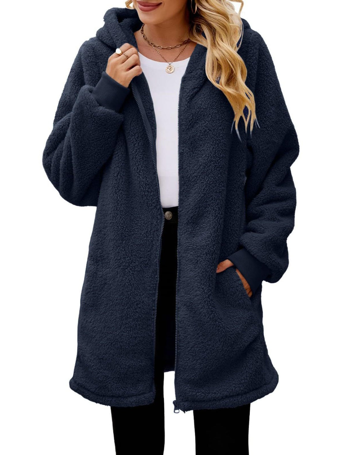 Fuzzy Pocketed Zip Up Hooded Jacket