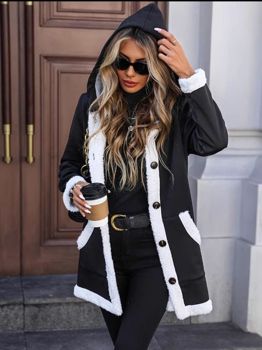 Black, White Hooded Coat