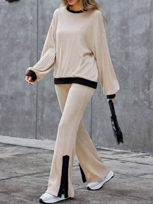 Contrast Long Sleeve Top and Bootcut Pants Set