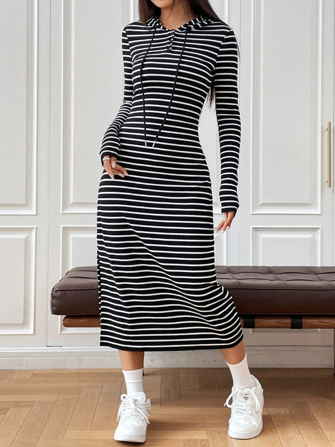 Loving the Striped Long Sleeve Hooded Dress