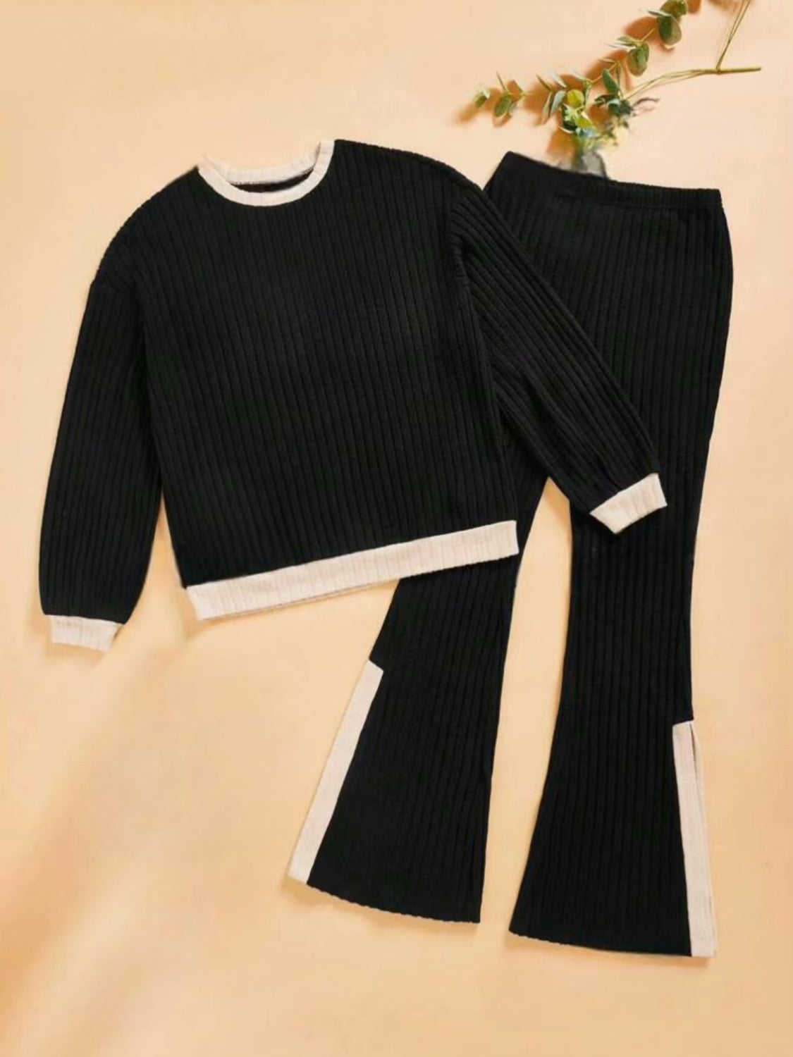 Contrast Long Sleeve Top and Bootcut Pants Set