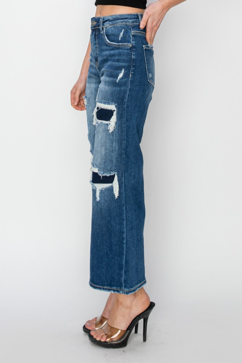 Risen High Rise Patch Wide Leg Crop Jeans