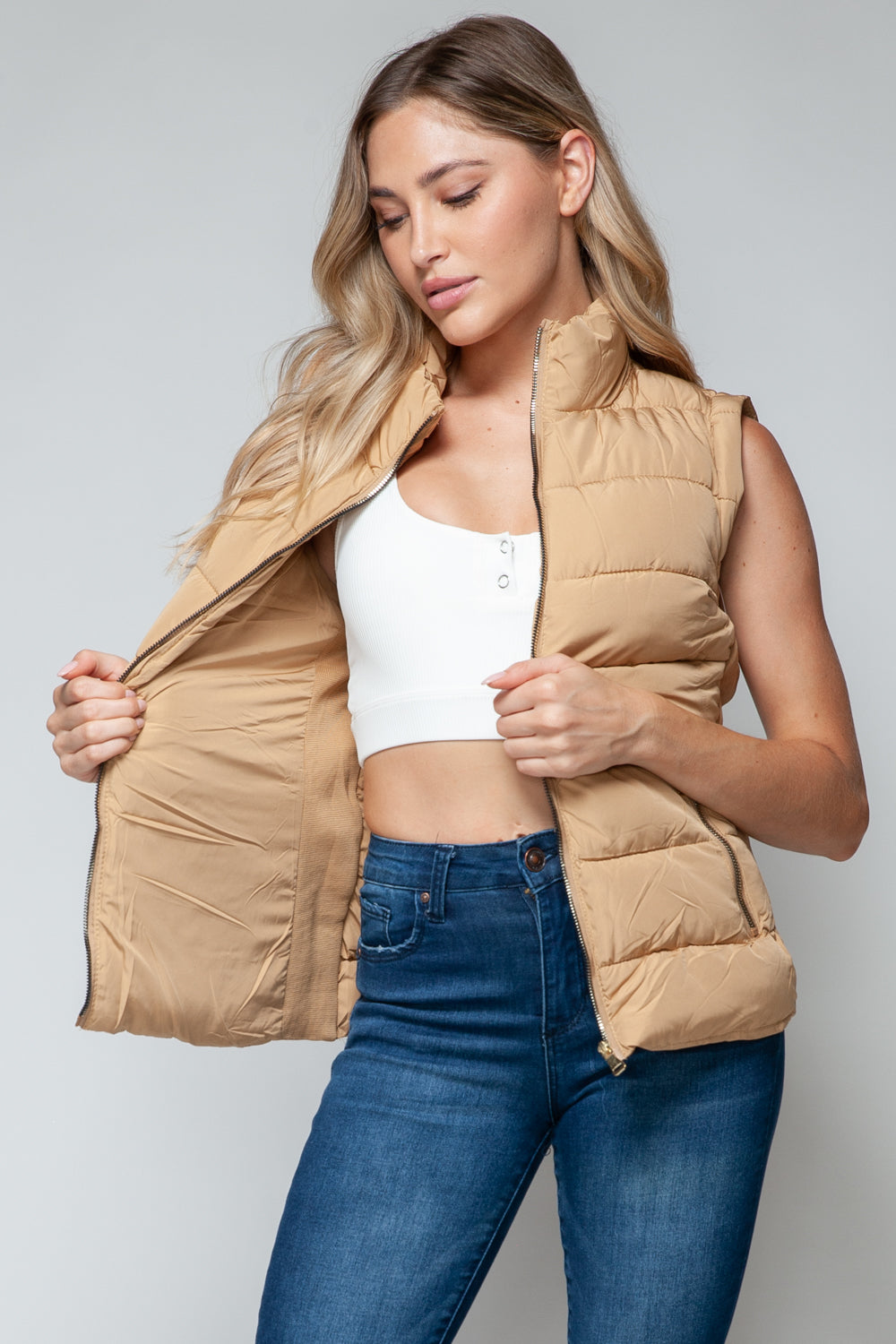 Tan Zip Up Turtleneck Vest with Pockets