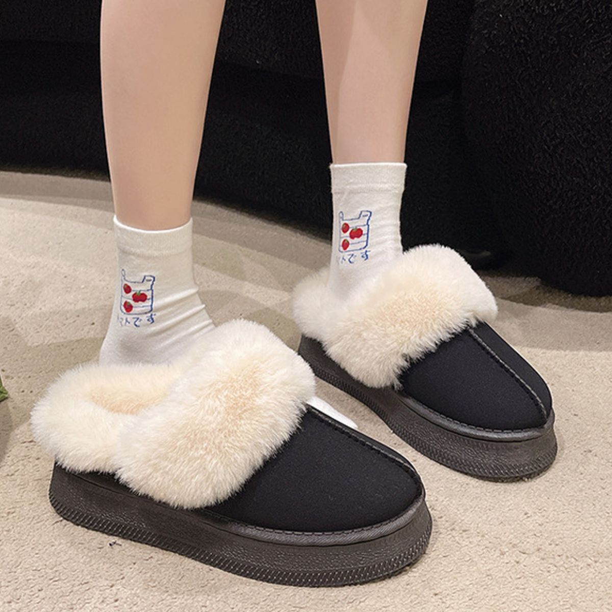 Suede Faux Fur Platform Slippers