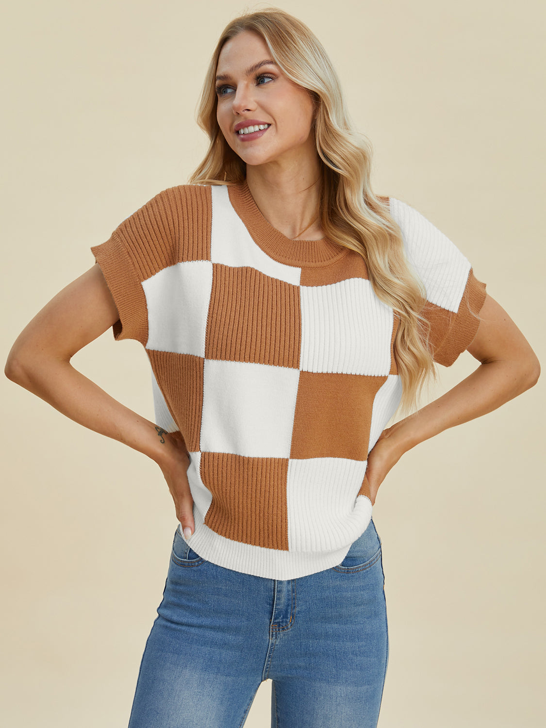 Checkered Short Sleeve Sweater