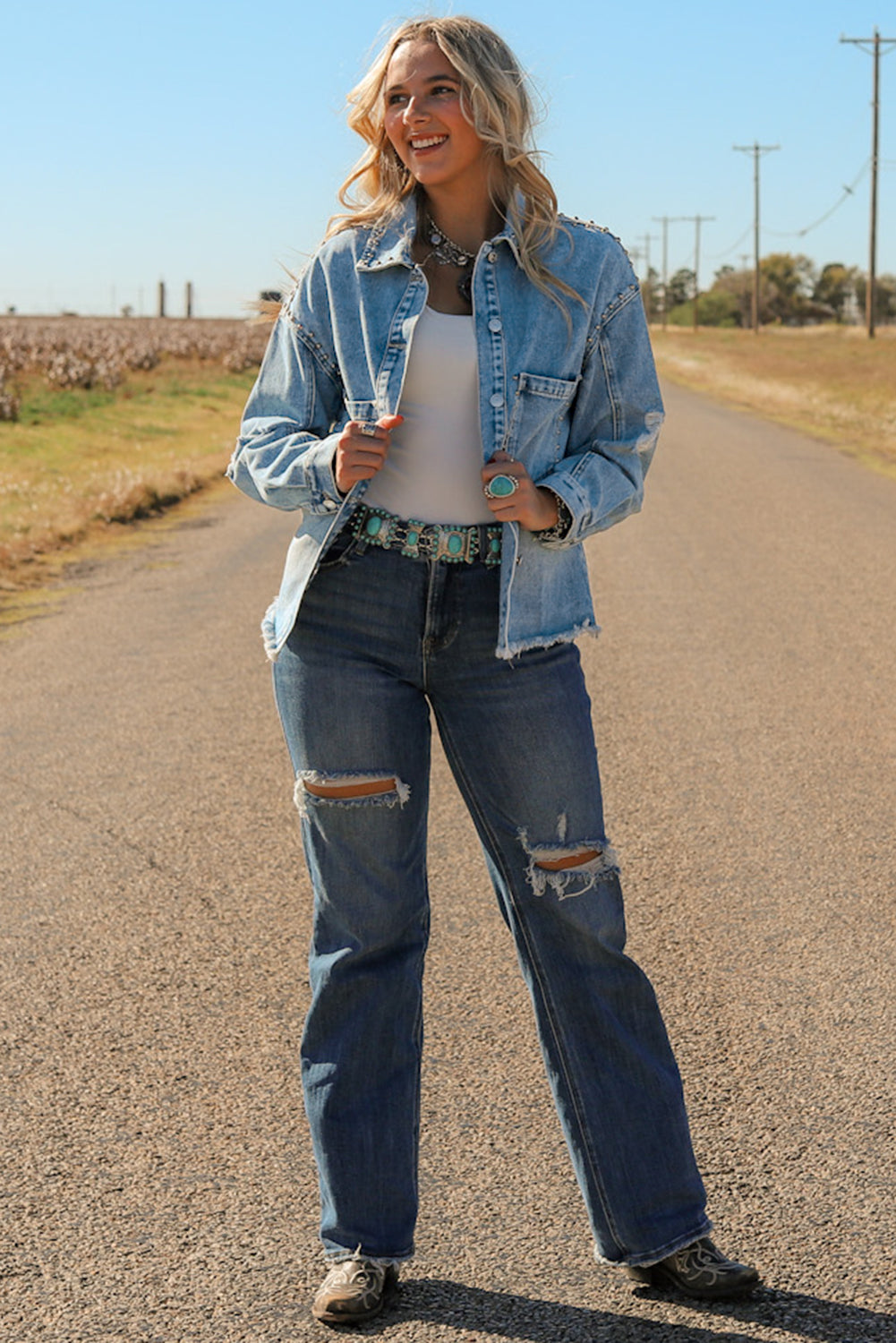 Studded Acid Wash Denim Jacket