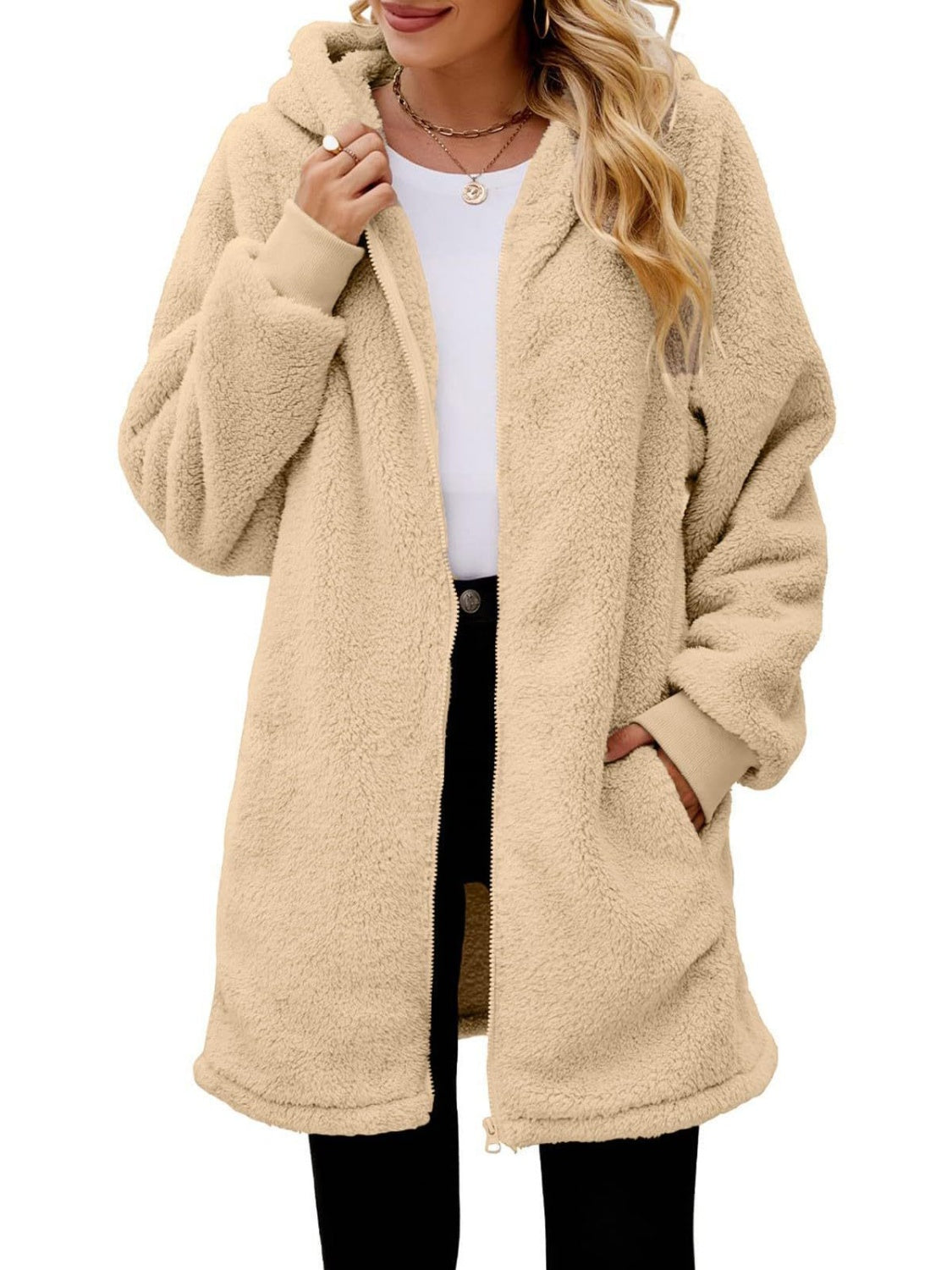 Fuzzy Pocketed Zip Up Hooded Jacket