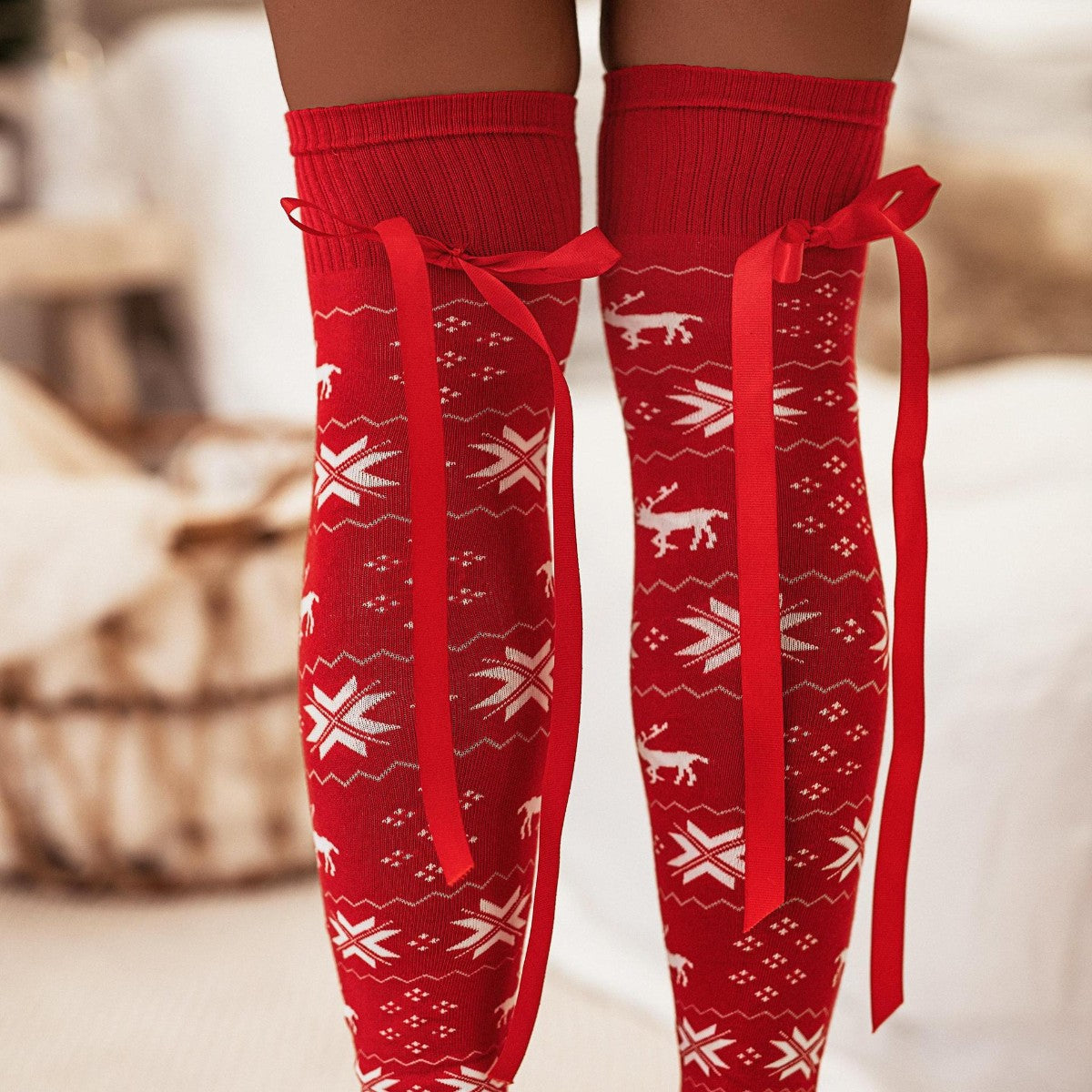 Christmas Bowknot Ribbed Trim Over Knee Stockings