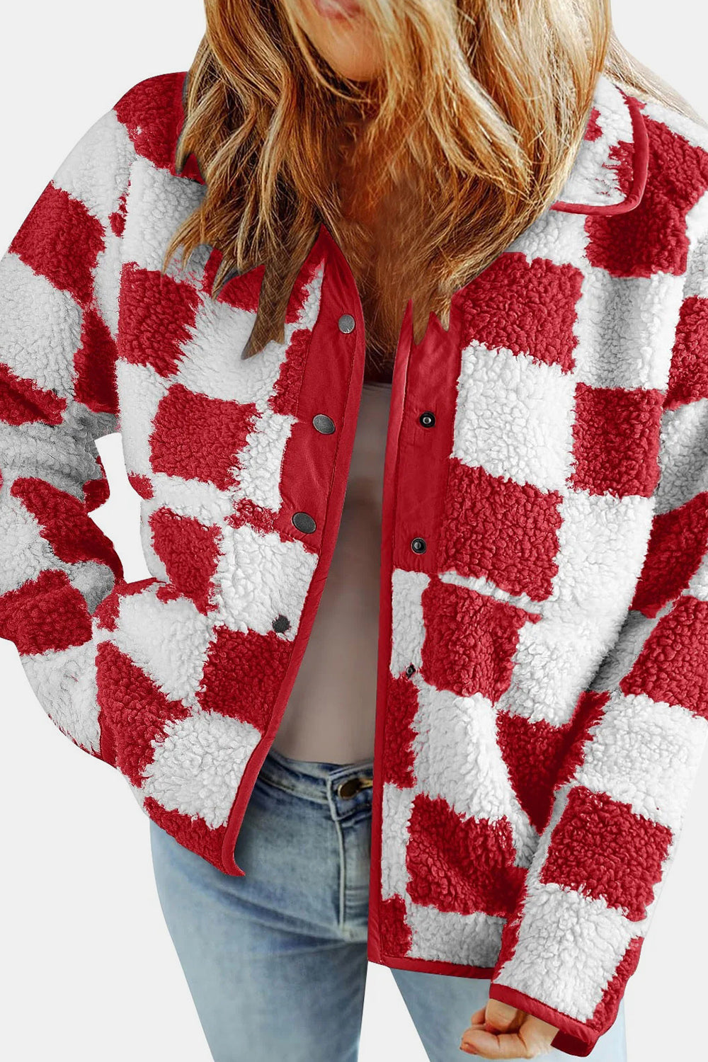 Checkered Snap Down Teddy Jacket